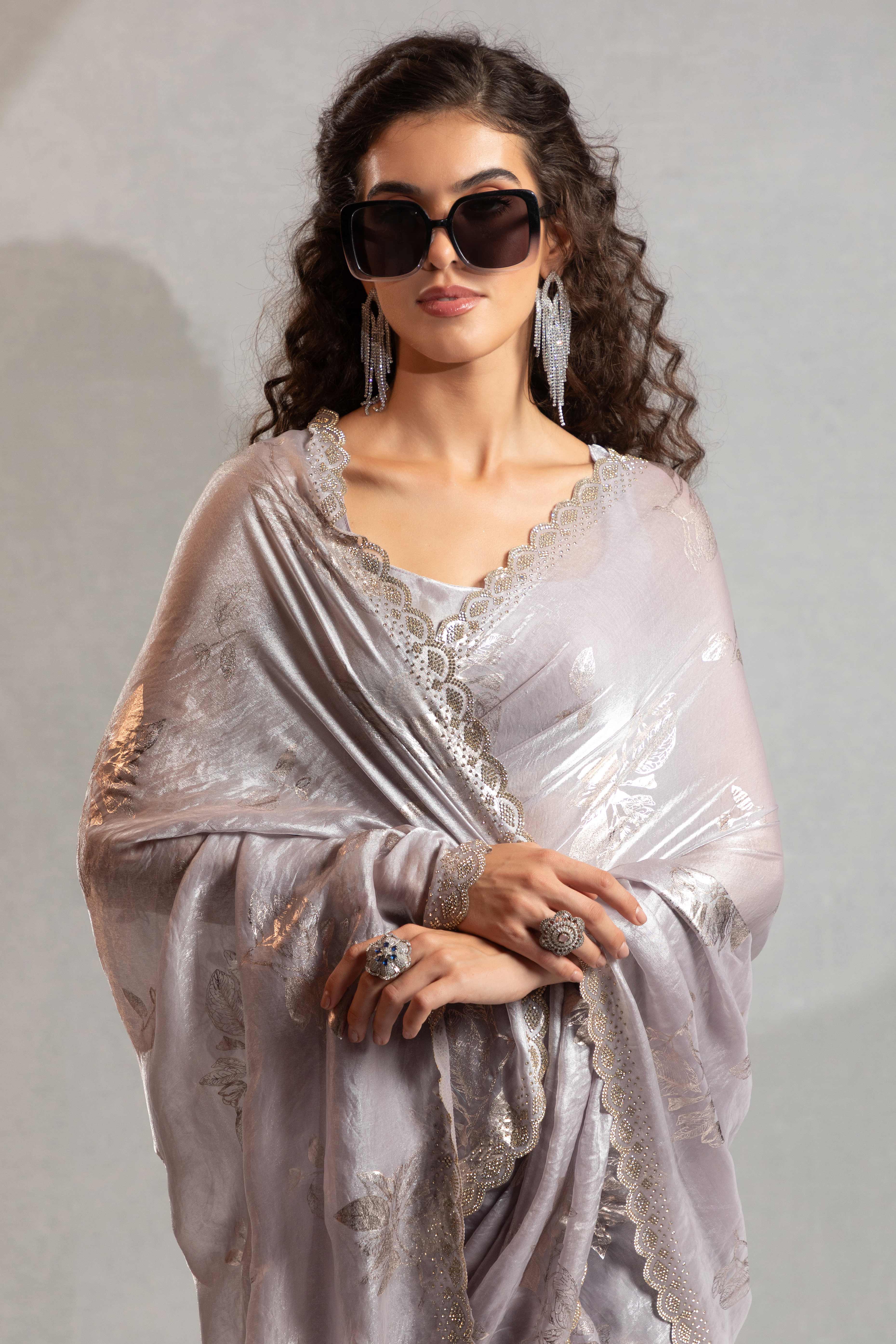 Designer Grey Satin Silk Saree Adorned with Foil & Stone Embellishments