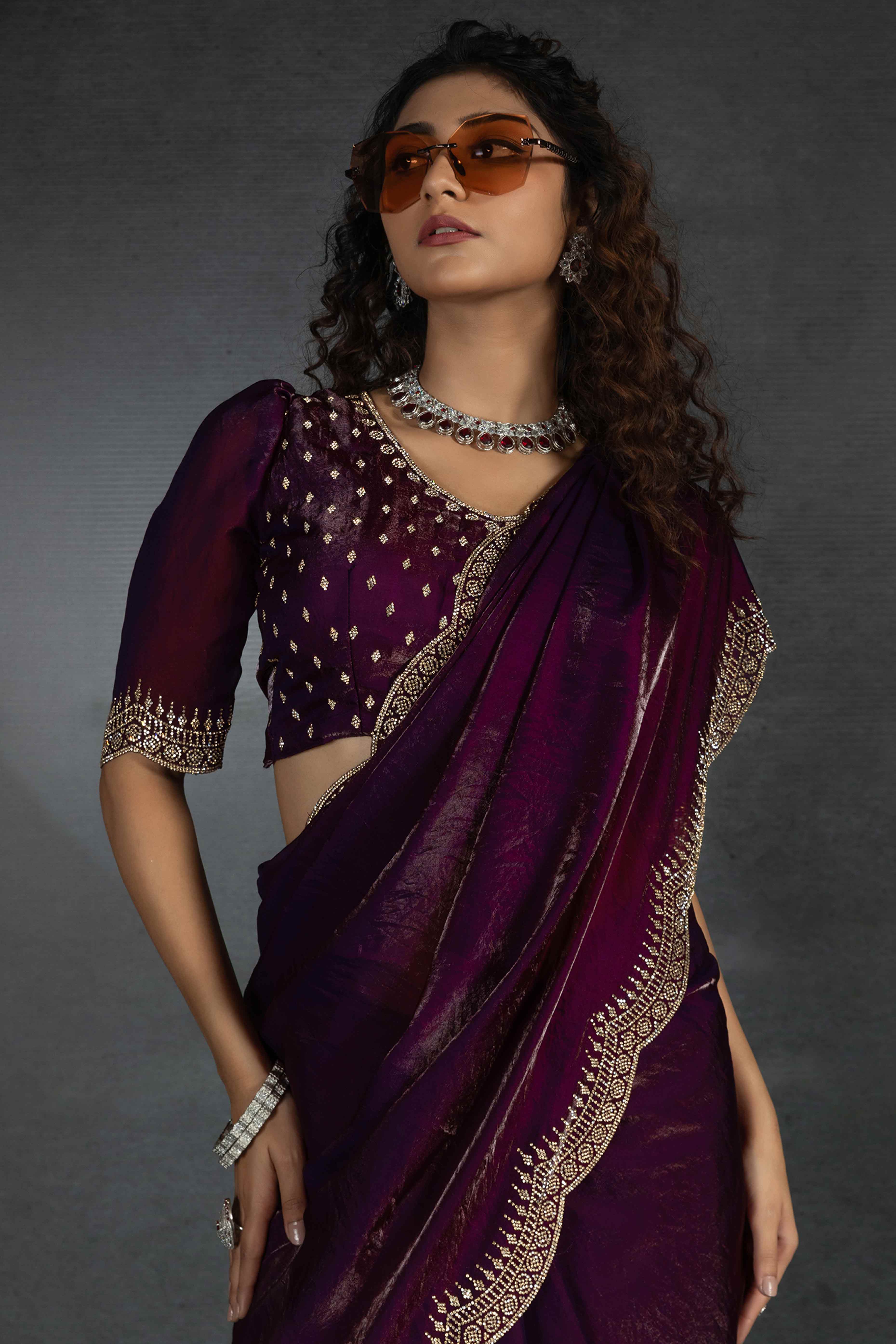 Magenta Satin Saree Embellished with Stones for a Party Look