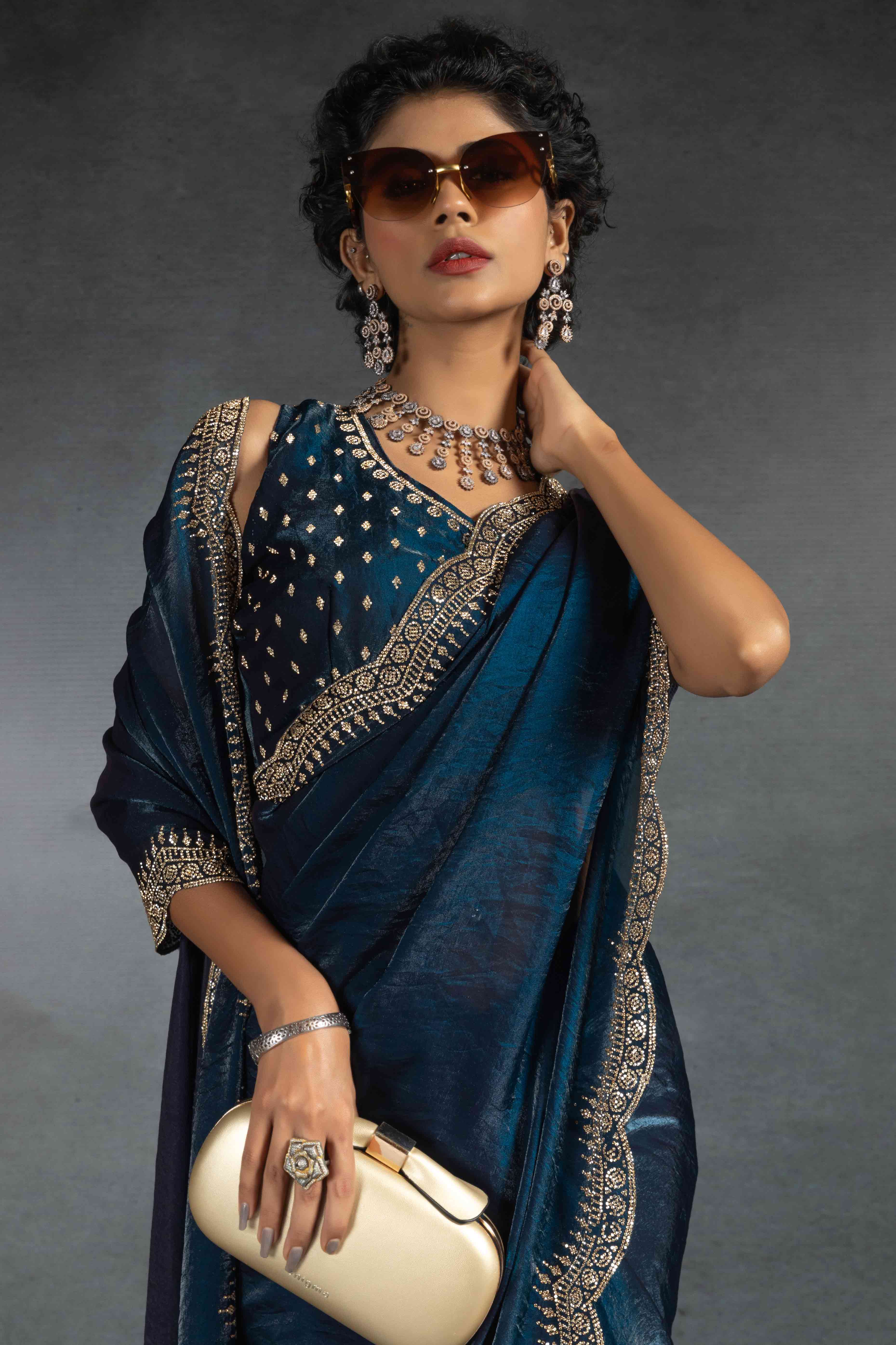 Blue Satin Saree Embellished with Stones for a Party Look