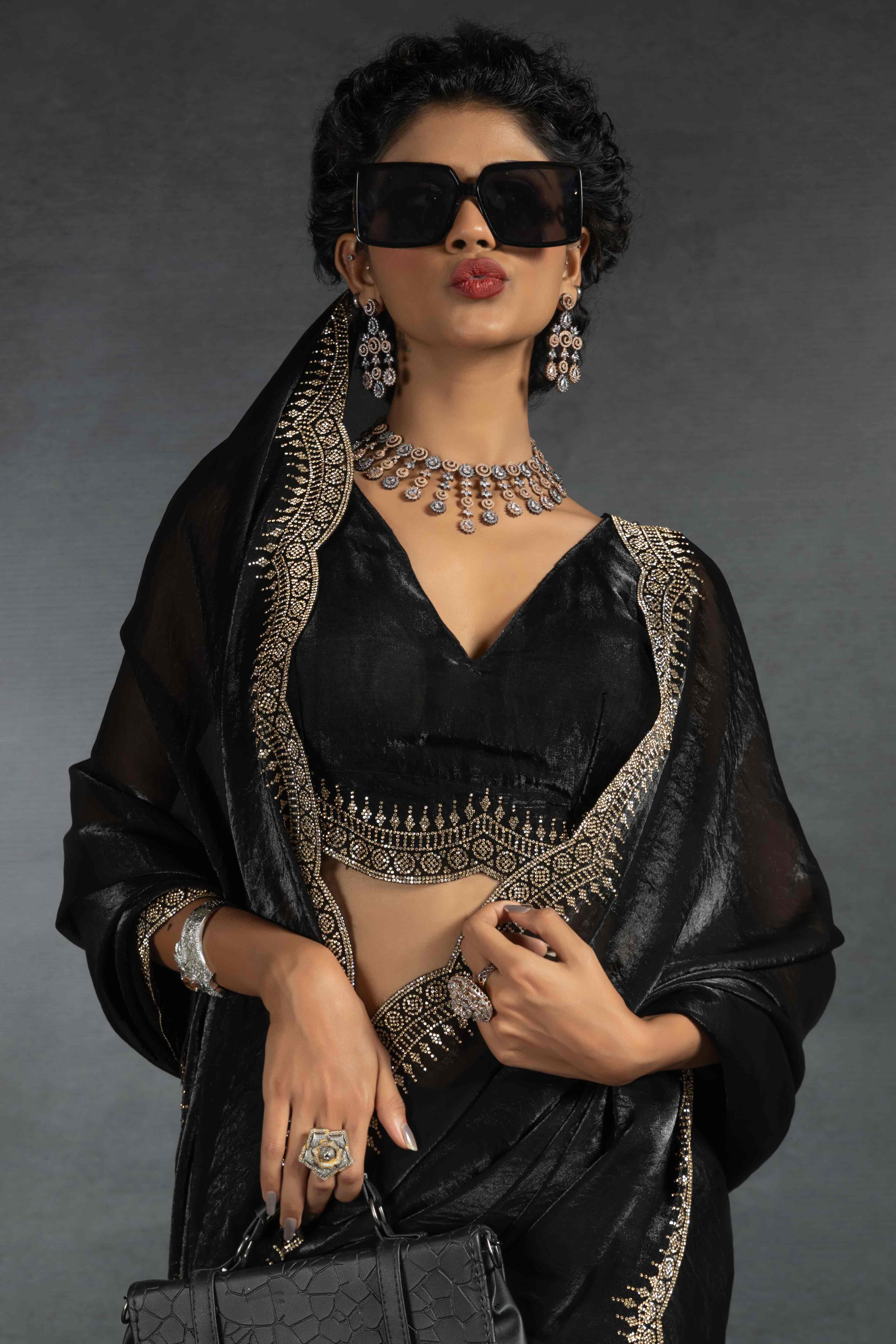 Black Satin Saree Embellished with Stones for a Party Look