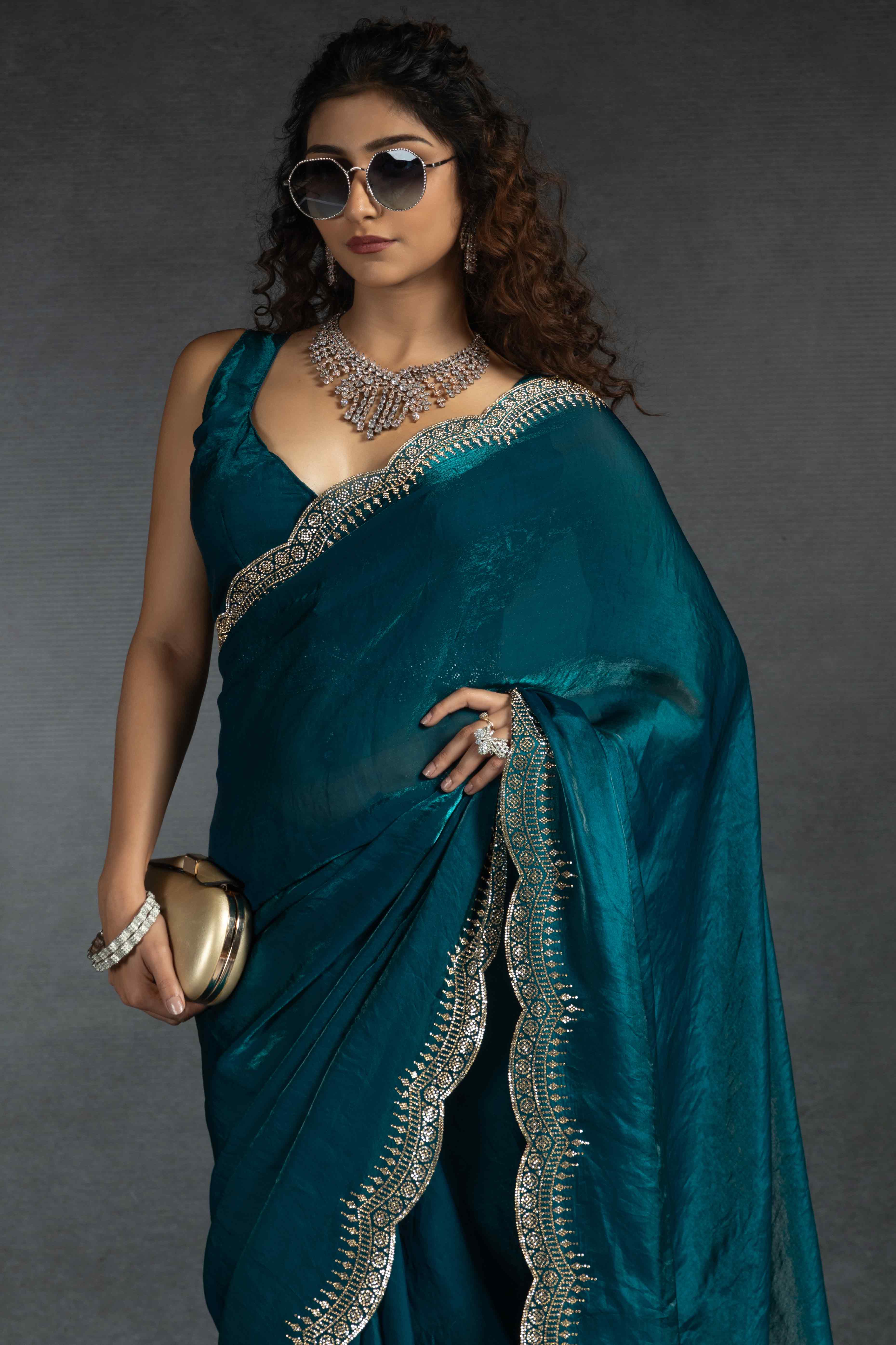 Teal Satin Saree Embellished with Stones for a Party Look