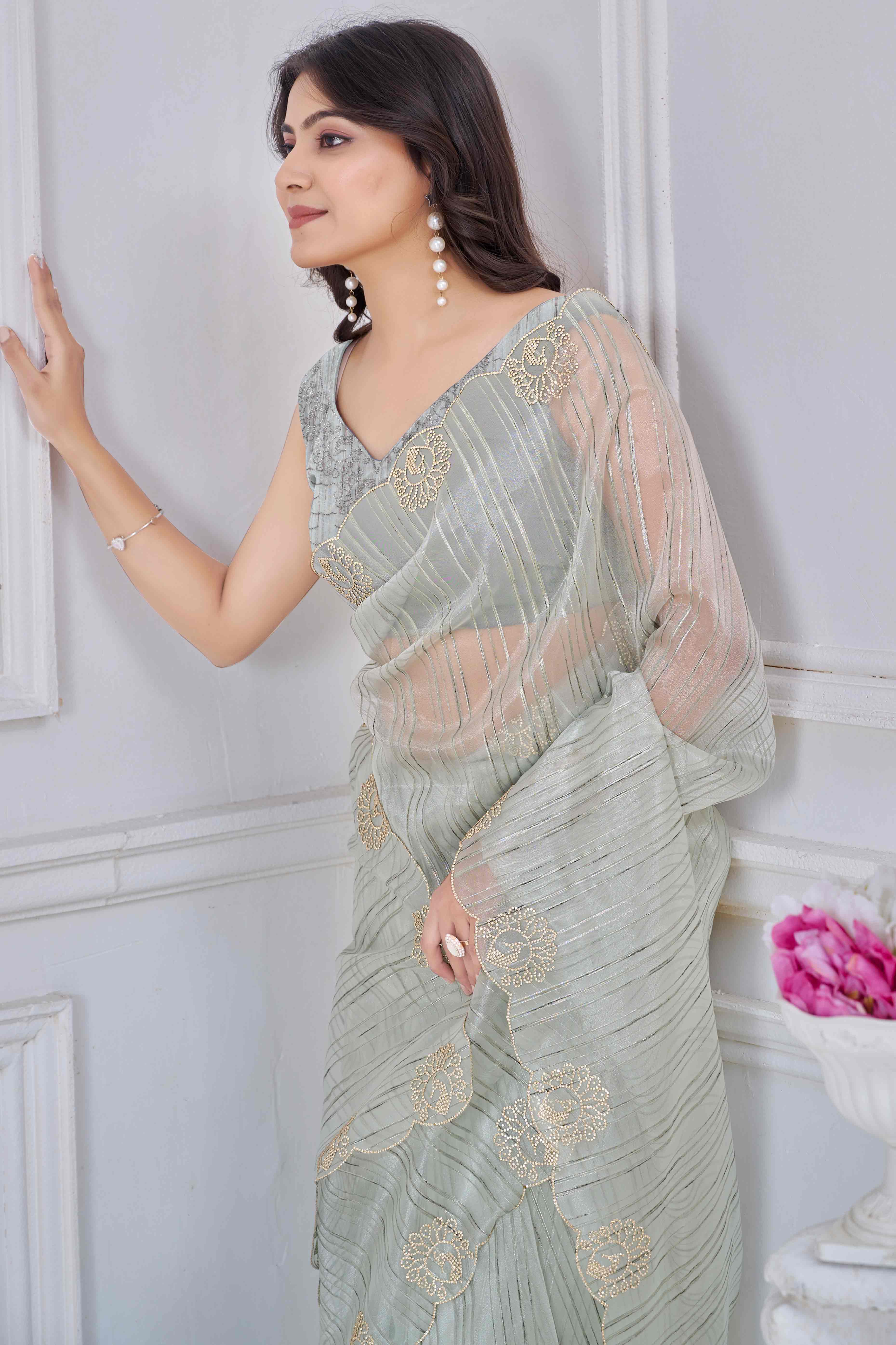 Green Cotton Blend Saree with Modern Stripes and Delicate Stone Embroidery