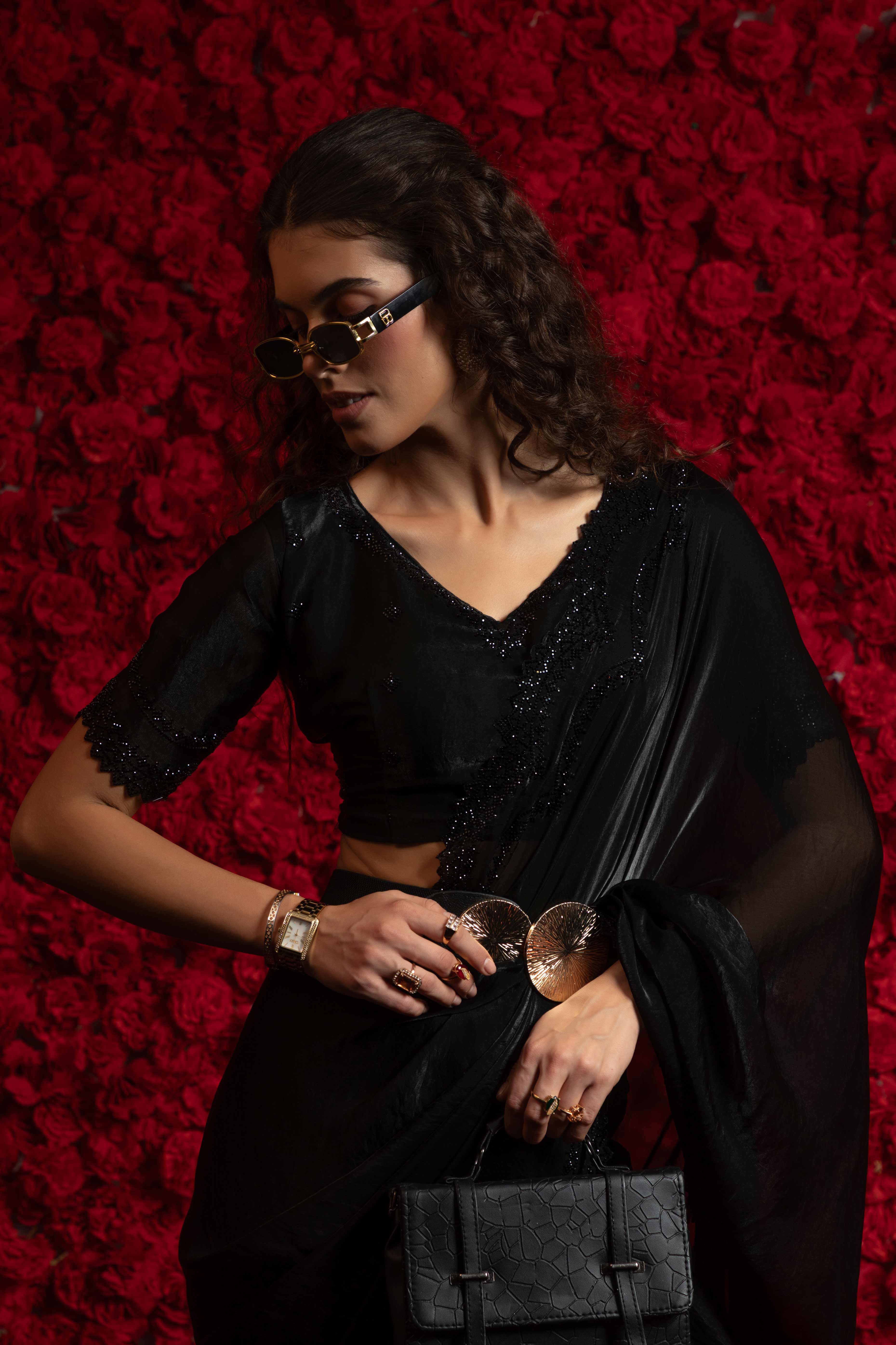 Designer Black Satin Silk Saree with Luxe Stone Accents