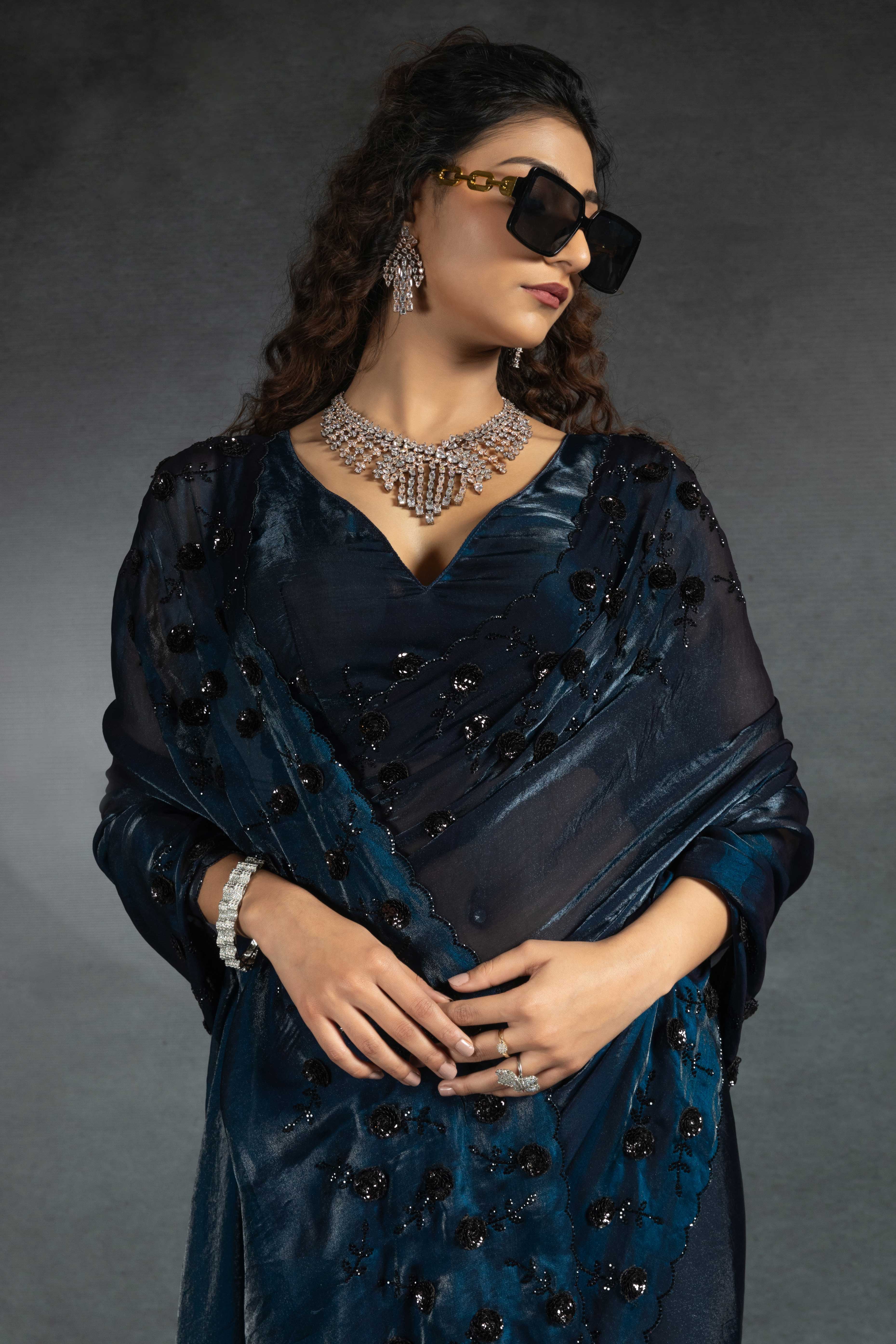 Dark Teal Satin Saree with Stone and Sequin Embellishment