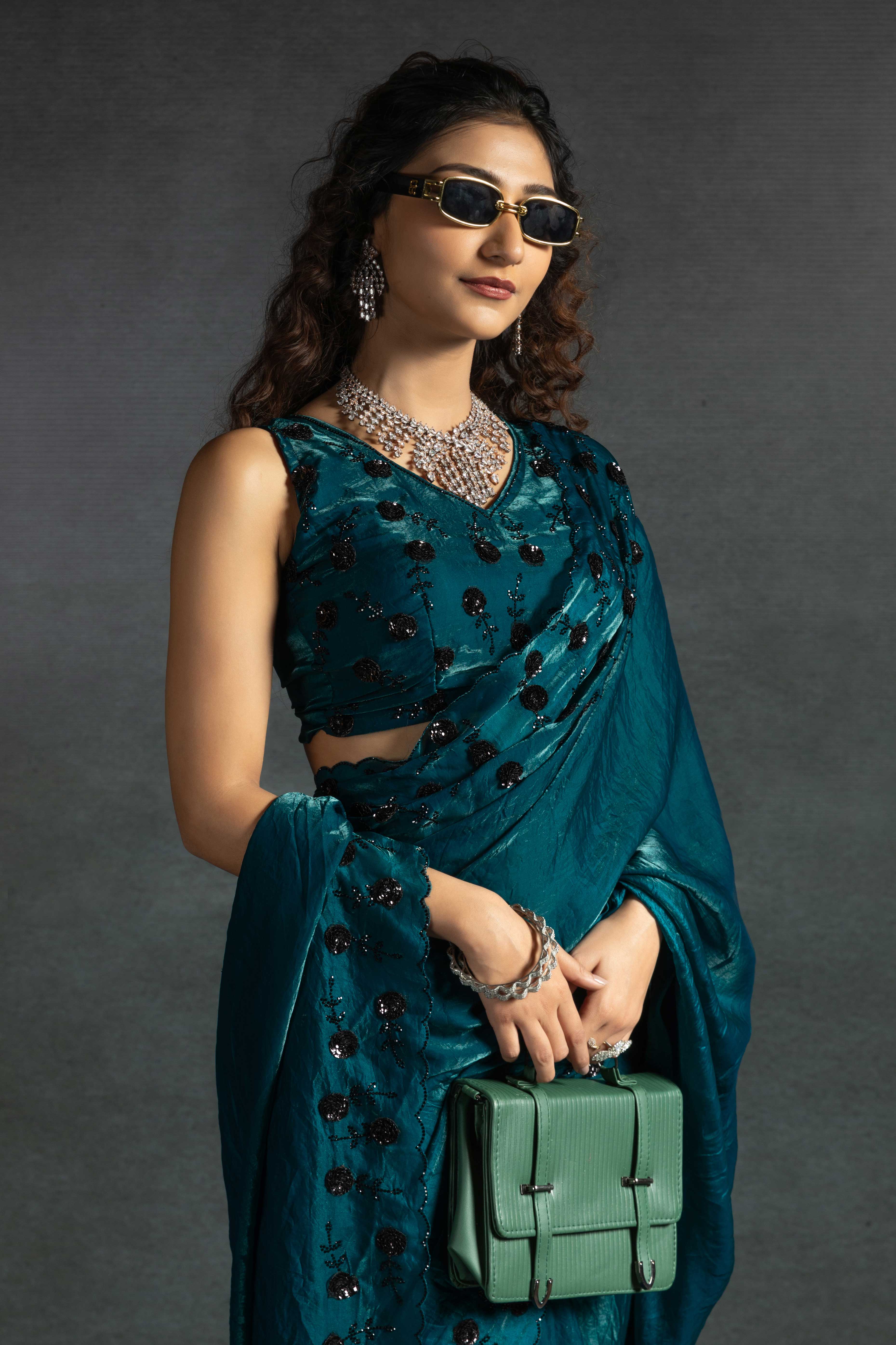 Teal Satin Saree with Stone and Sequin Embellishment