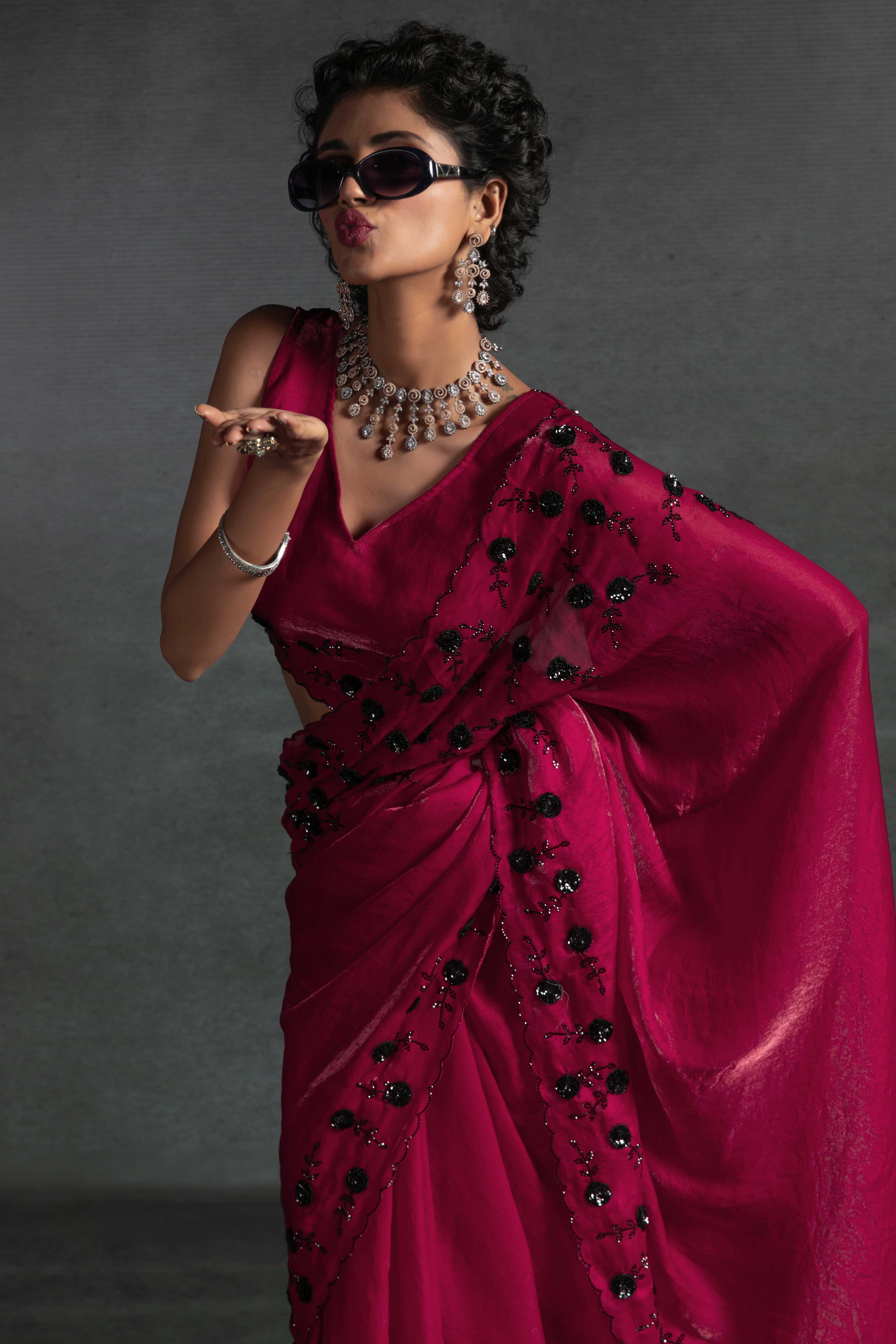 Ruby Pink Satin Saree with Stone and Sequin Embellishment