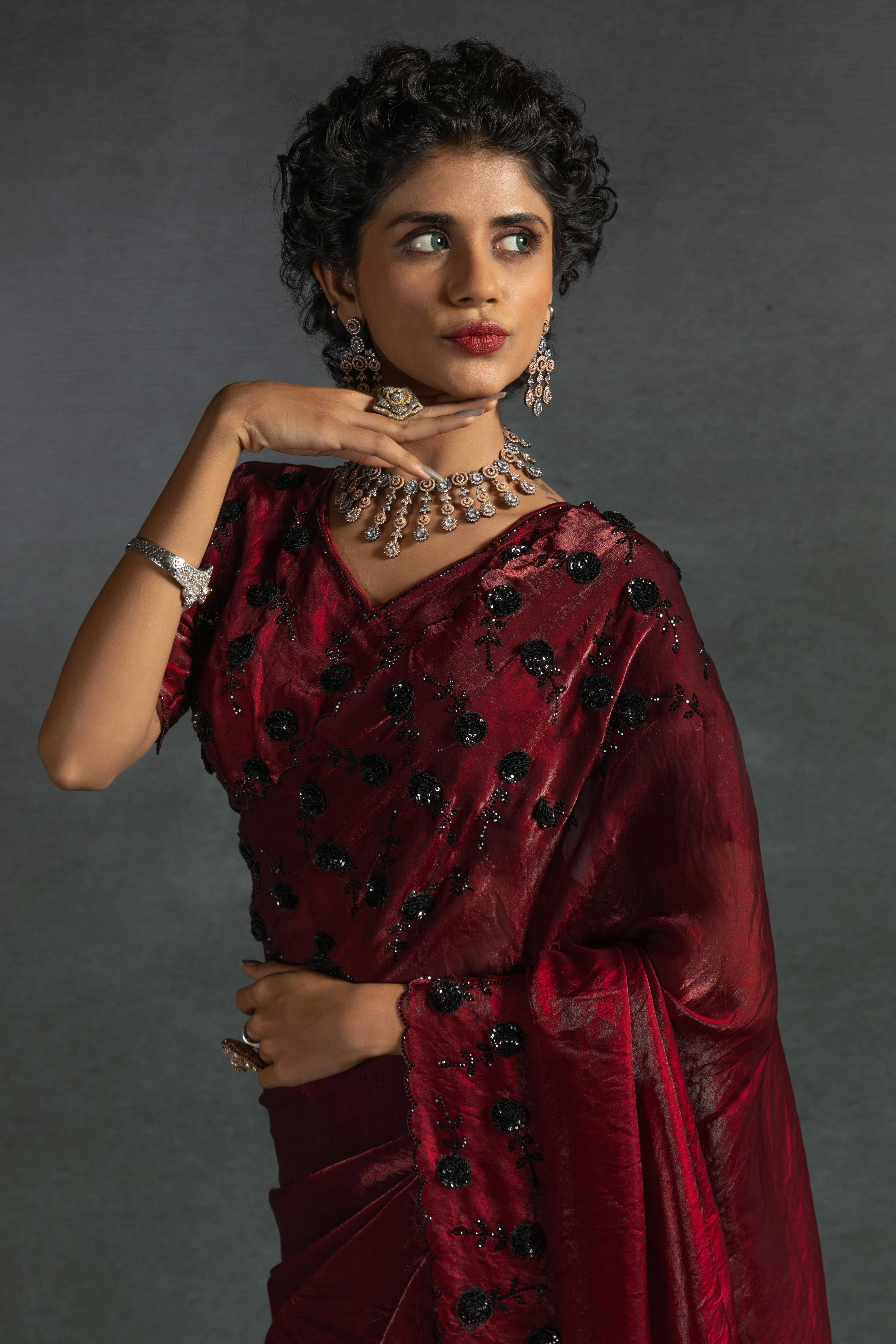 Maroon Satin Saree with Stone and Sequin Embellishment