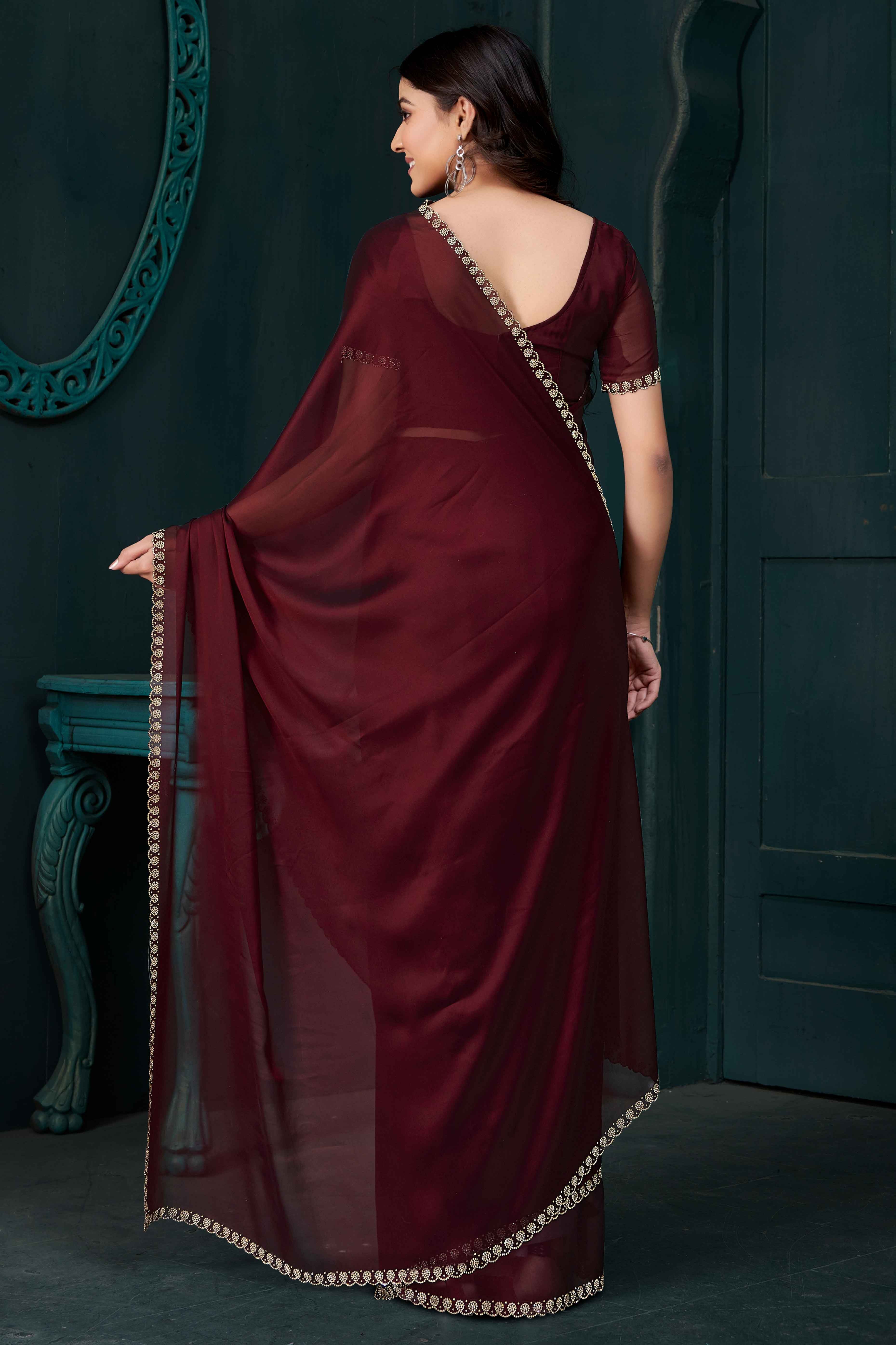 Maroon Crepe Silk Solid Saree with Elegant Zarkan Border Detailing