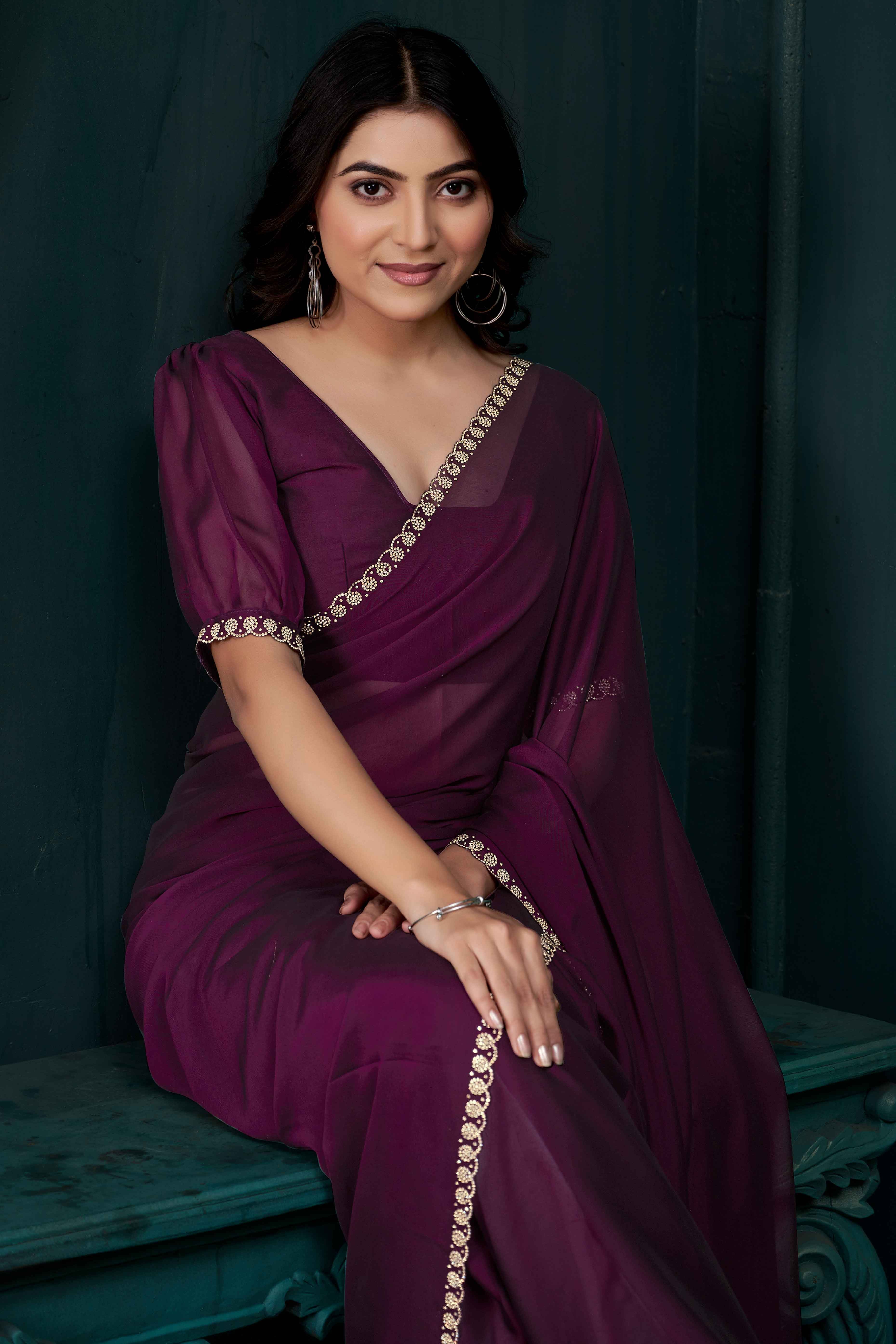 Wine Crepe Silk Solid Saree with Elegant Zarkan Border Detailing