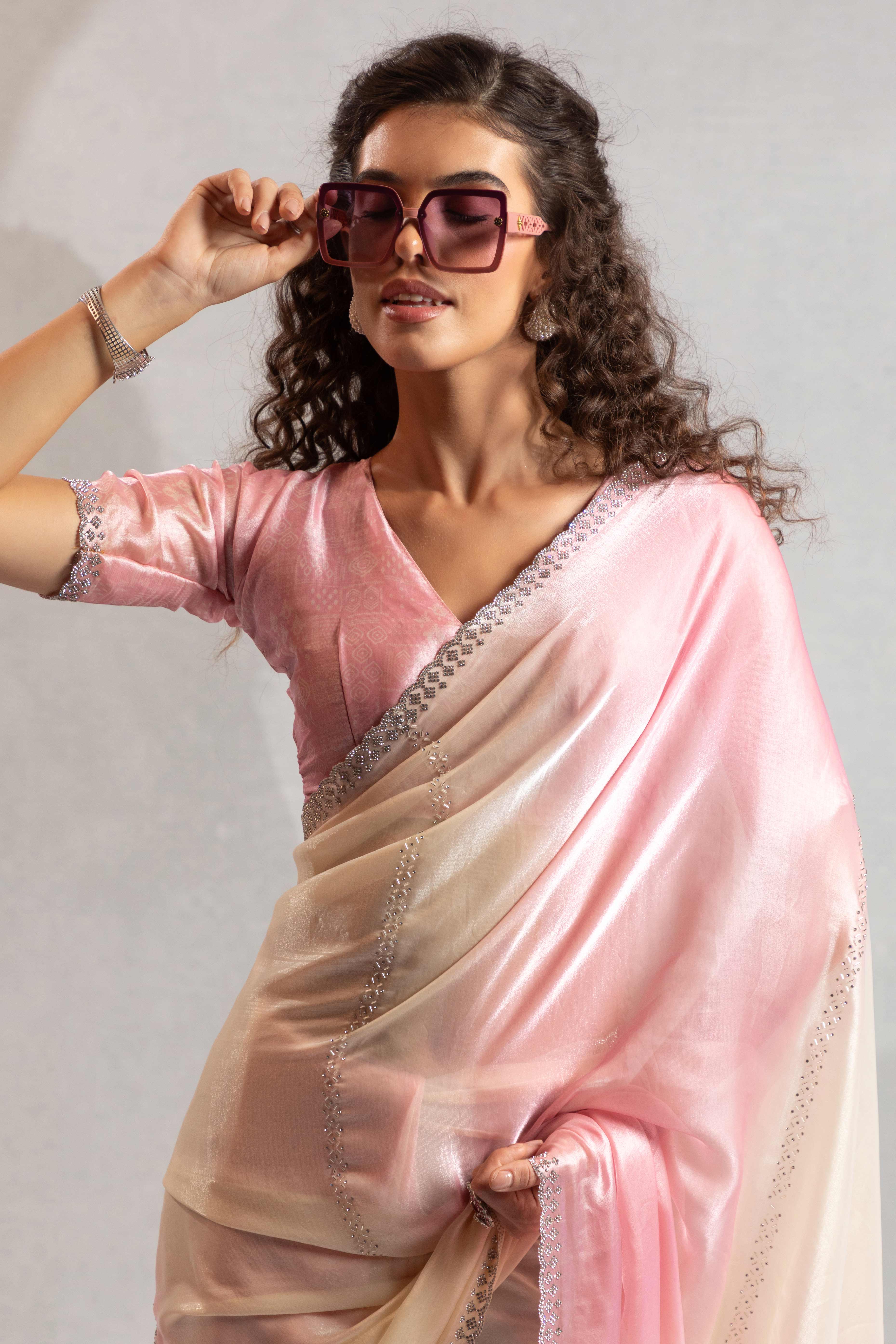 Light Pink & Off White Satin Silk Saree Decorated With Stone Embellishments