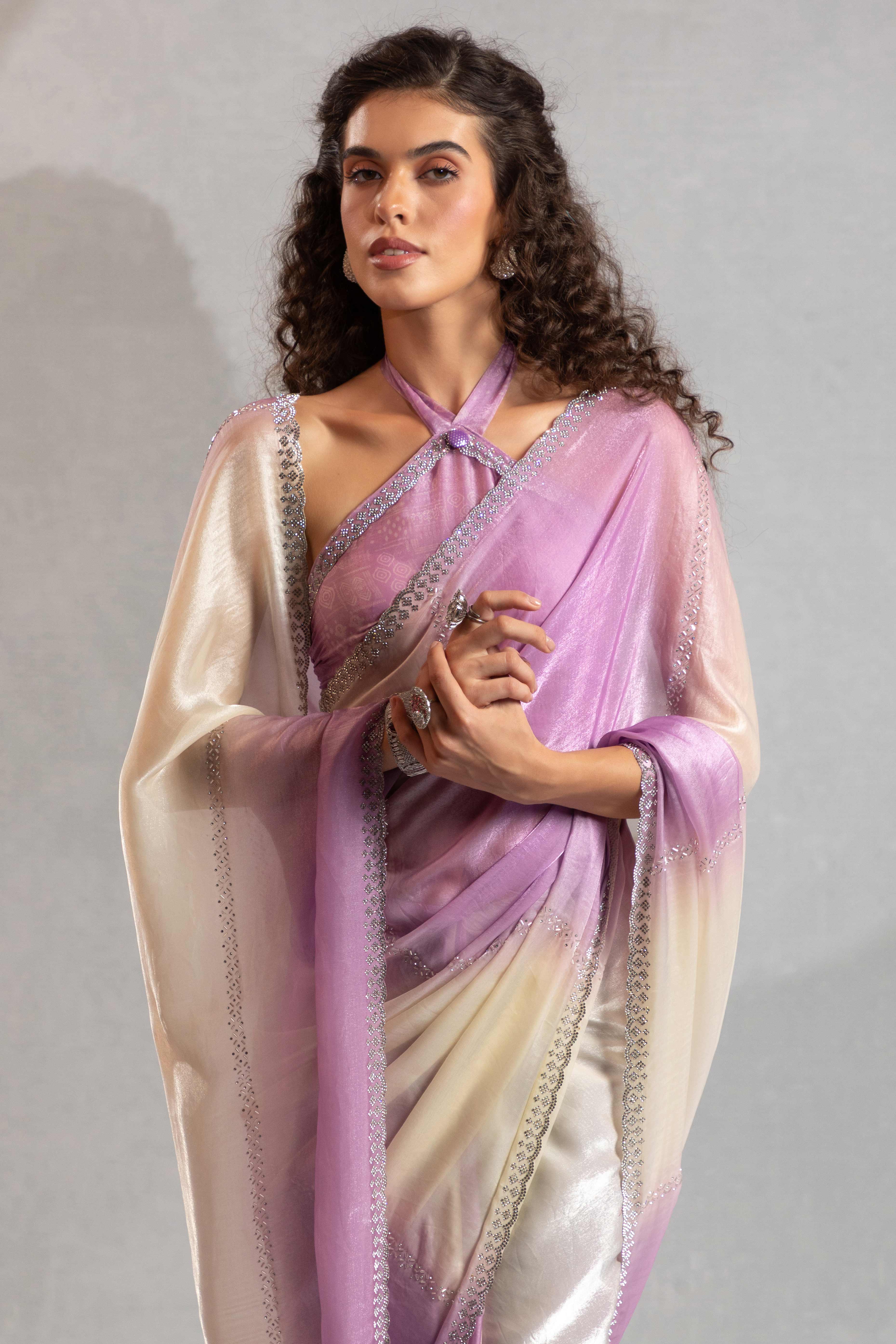 Purple & Off White Satin Silk Saree Decorated With Stone Embellishments