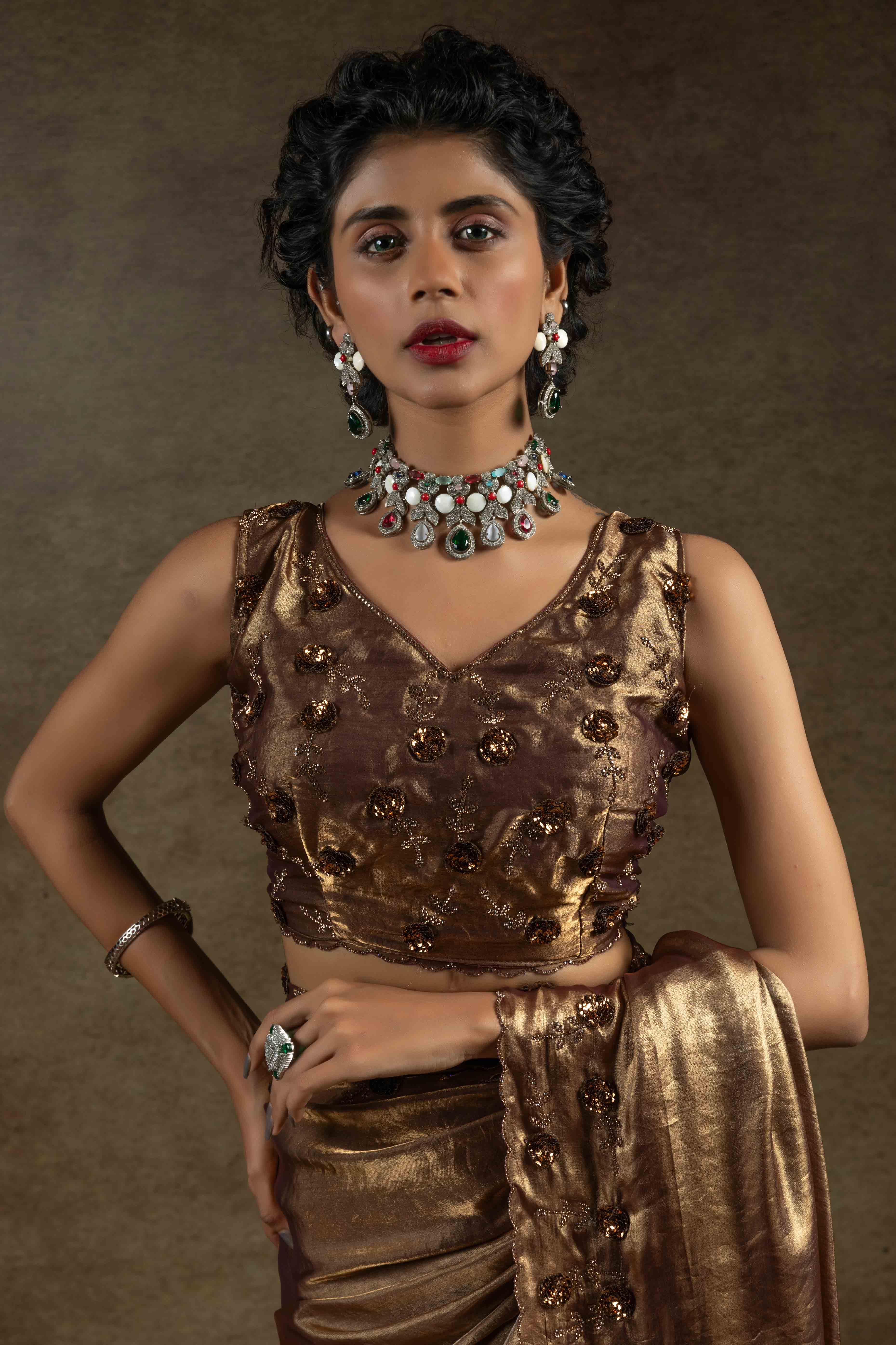 Golden Zarkan With Sequin & Beads Work Satin Silk Two Tone Saree