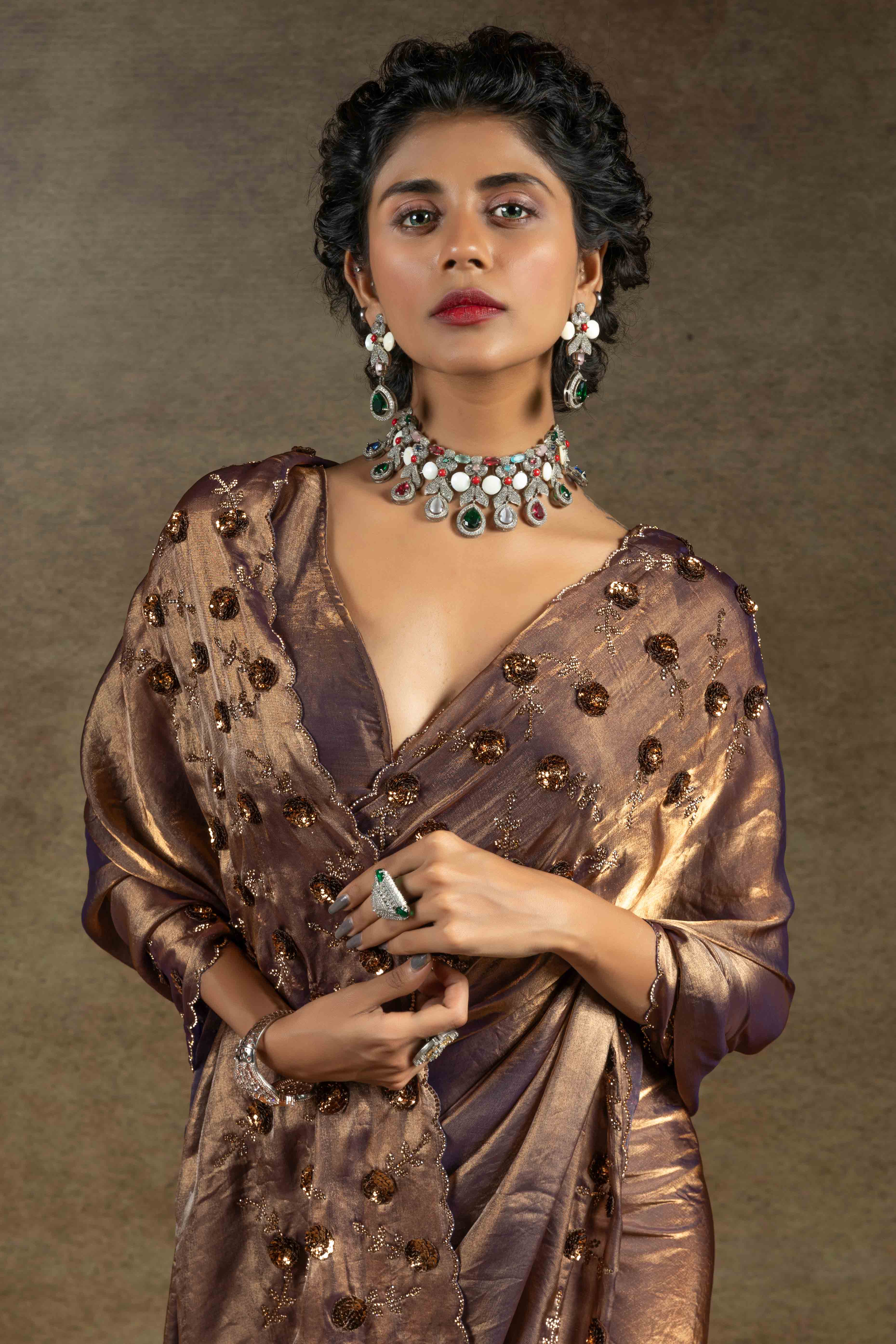 Metallic Bronze Zarkan With Sequin & Beads Work Satin Silk Two Tone Saree