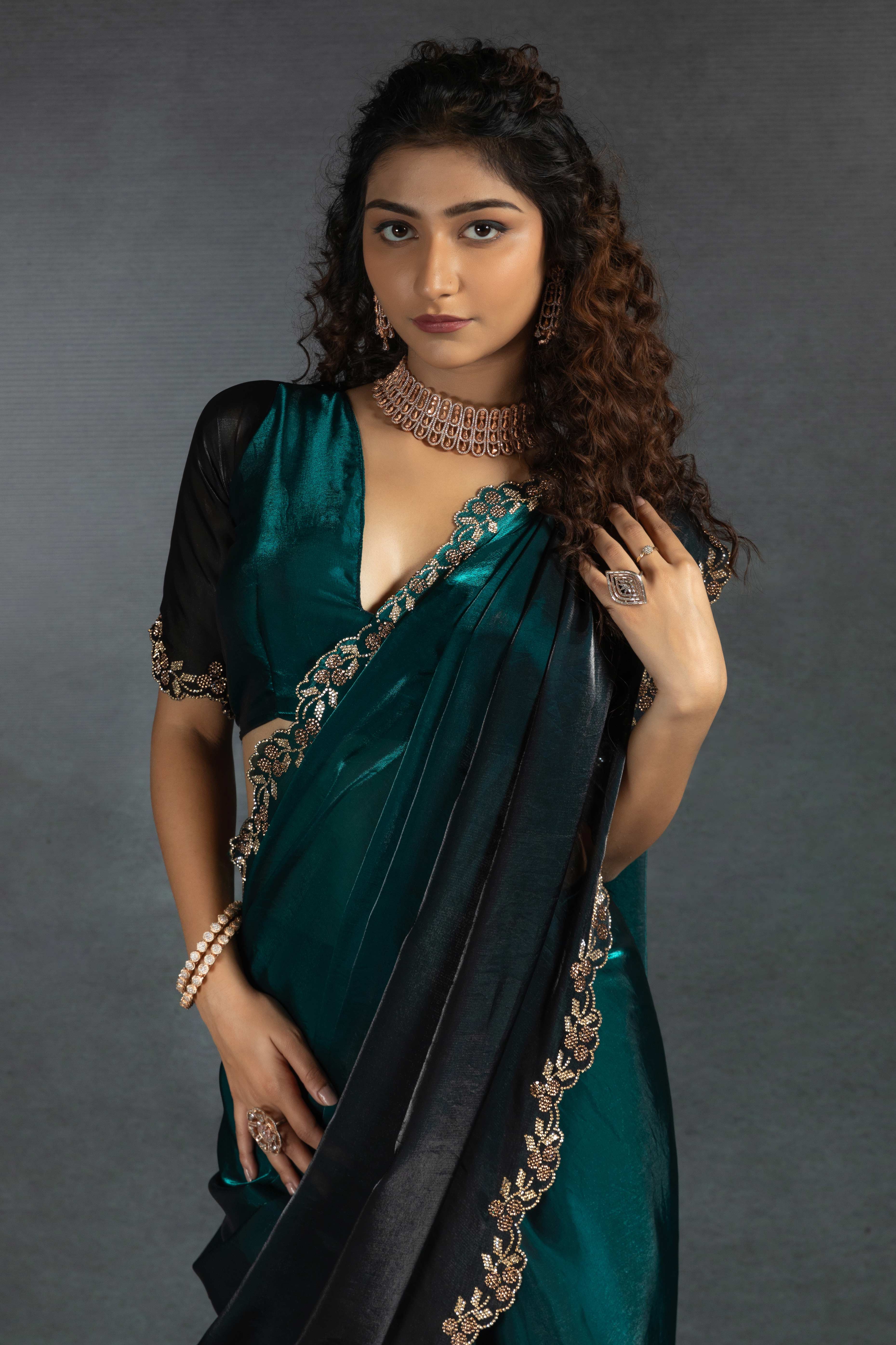 Teal Satin Silk Two Tone Saree with Intricate Zarkan Embellishments