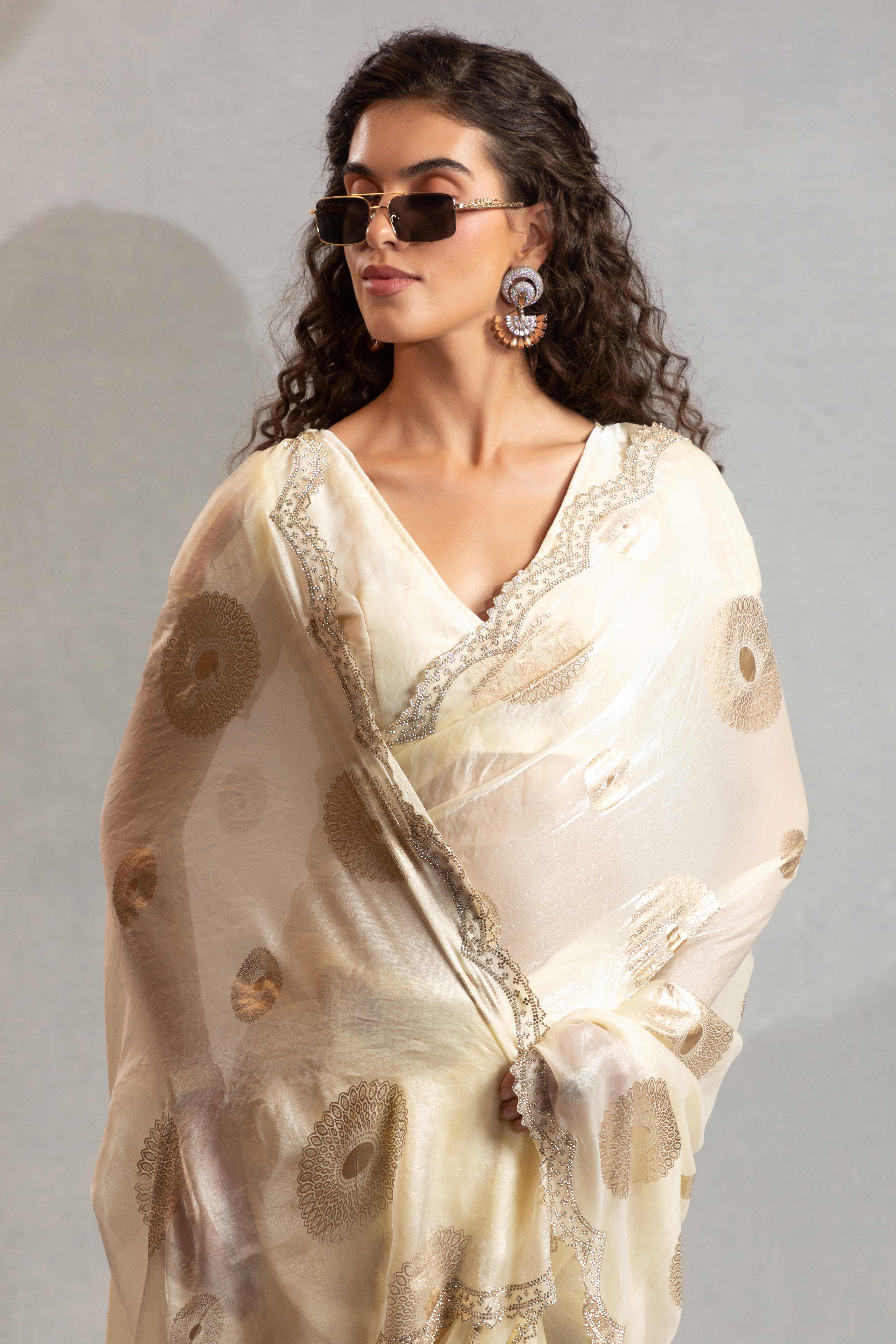 Designer Ivory White Satin Silk Embellished Saree with Alluring Stone Work
