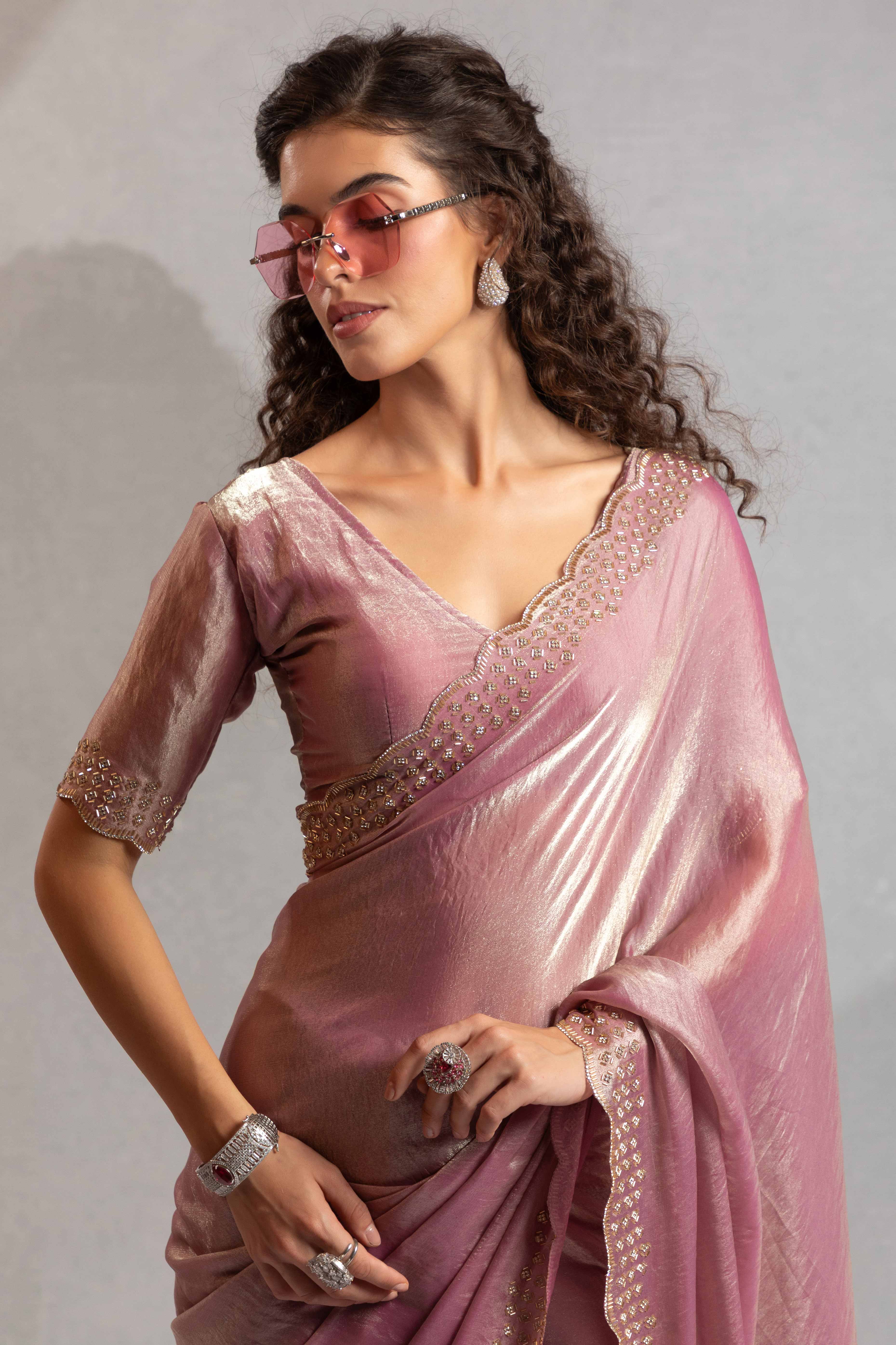 Baby Pink Satin Saree with Glamorous Stone Embellishment