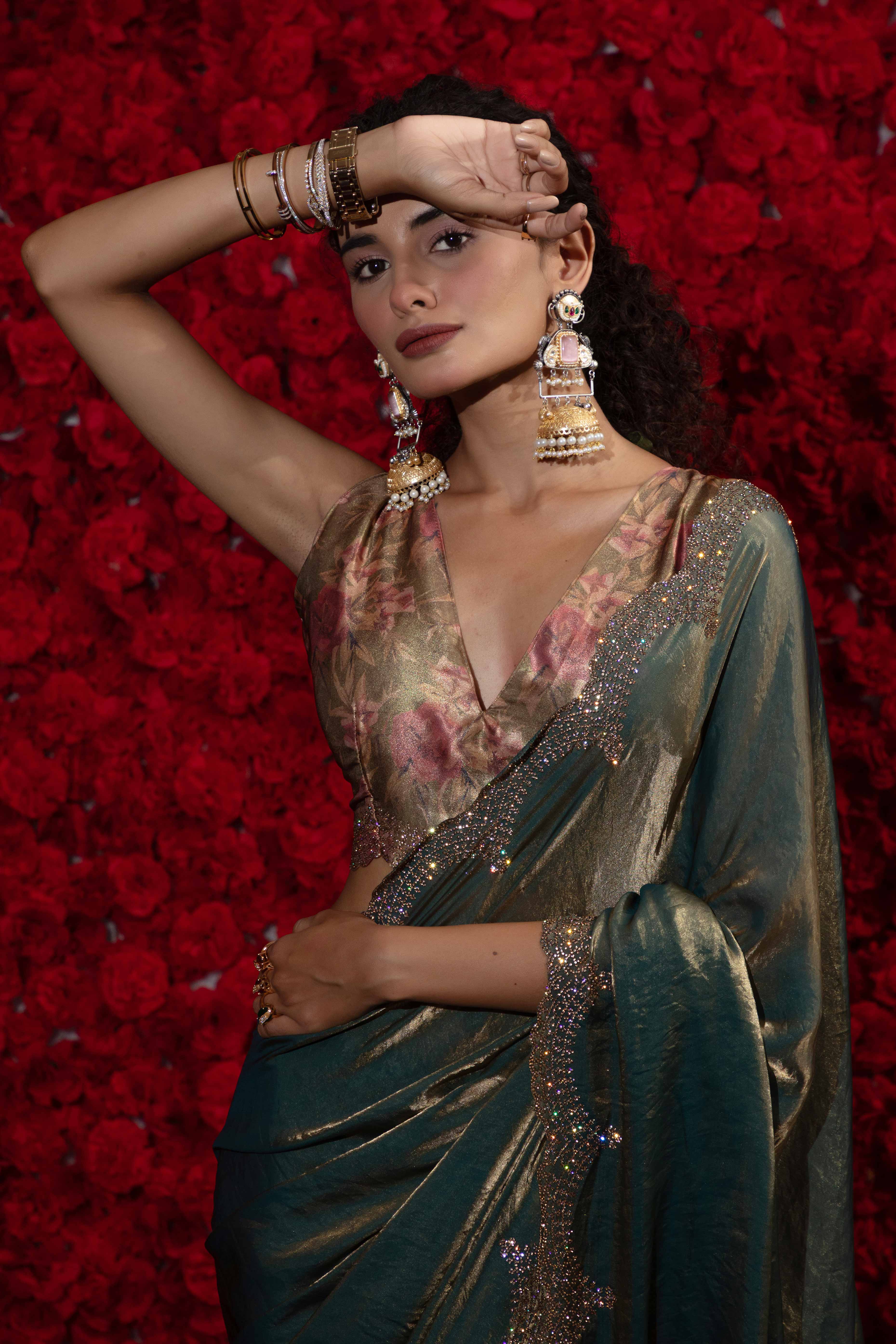Crushed Satin Silk Embellished Saree in Teal with Sparkling Stone Work
