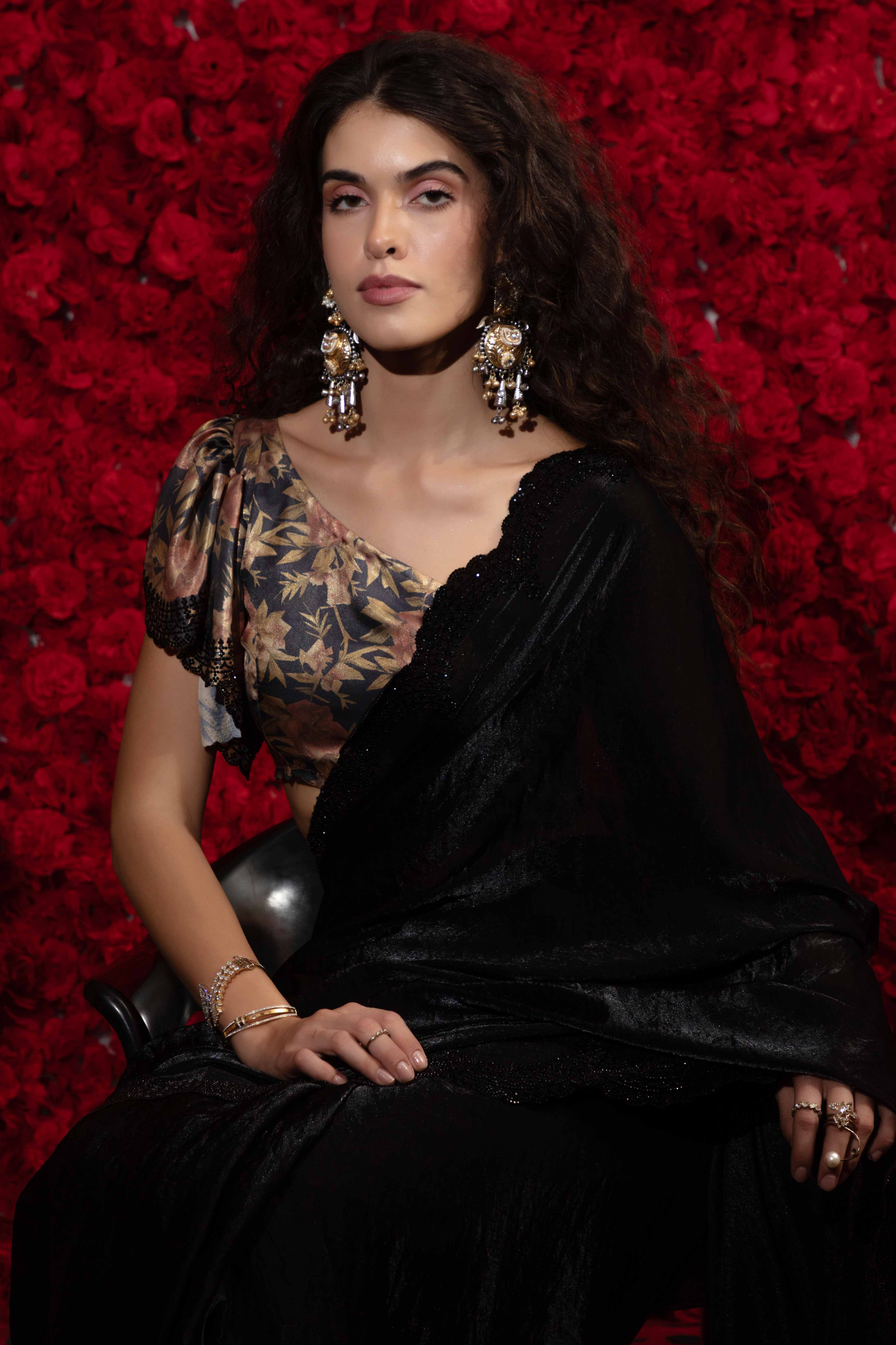 Crushed Satin Silk Embellished Saree in Black with Sparkling Stone Work
