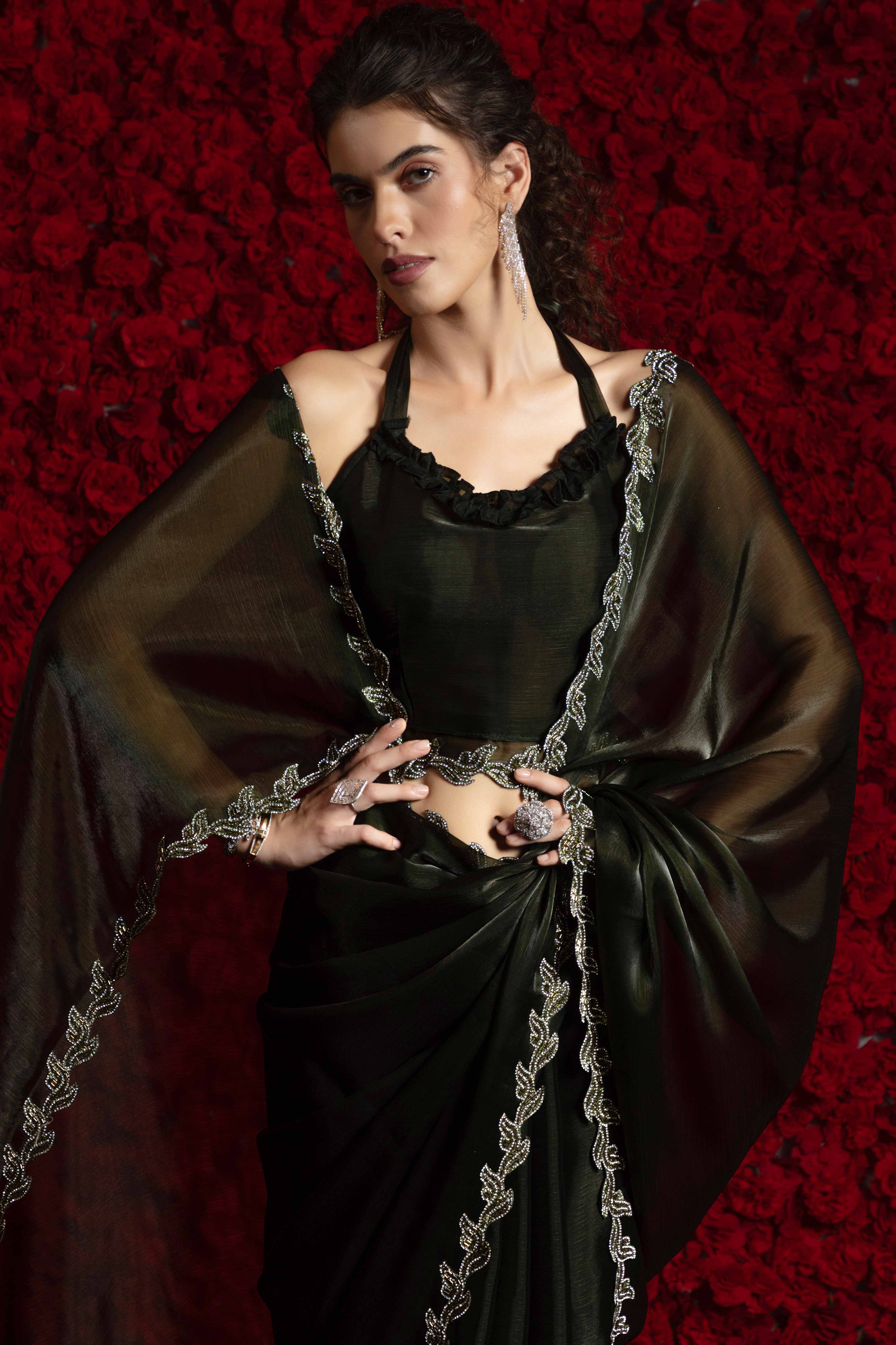 Dark Olive Party Wear Saree Stone Embellished Tissue Chiffon Fabric