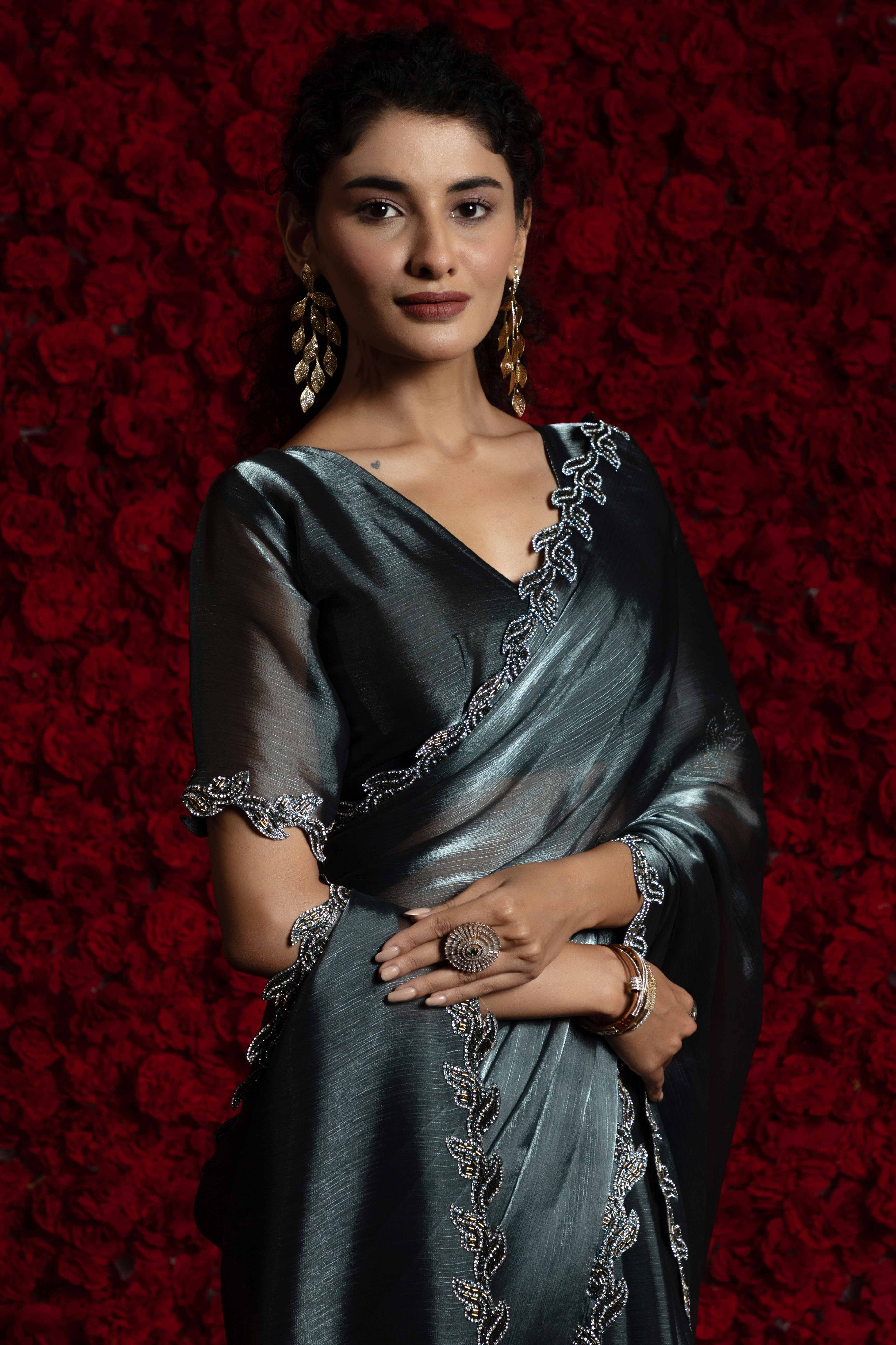 Charcoal Grey Party Wear Saree Stone Embellished Tissue Chiffon Fabric