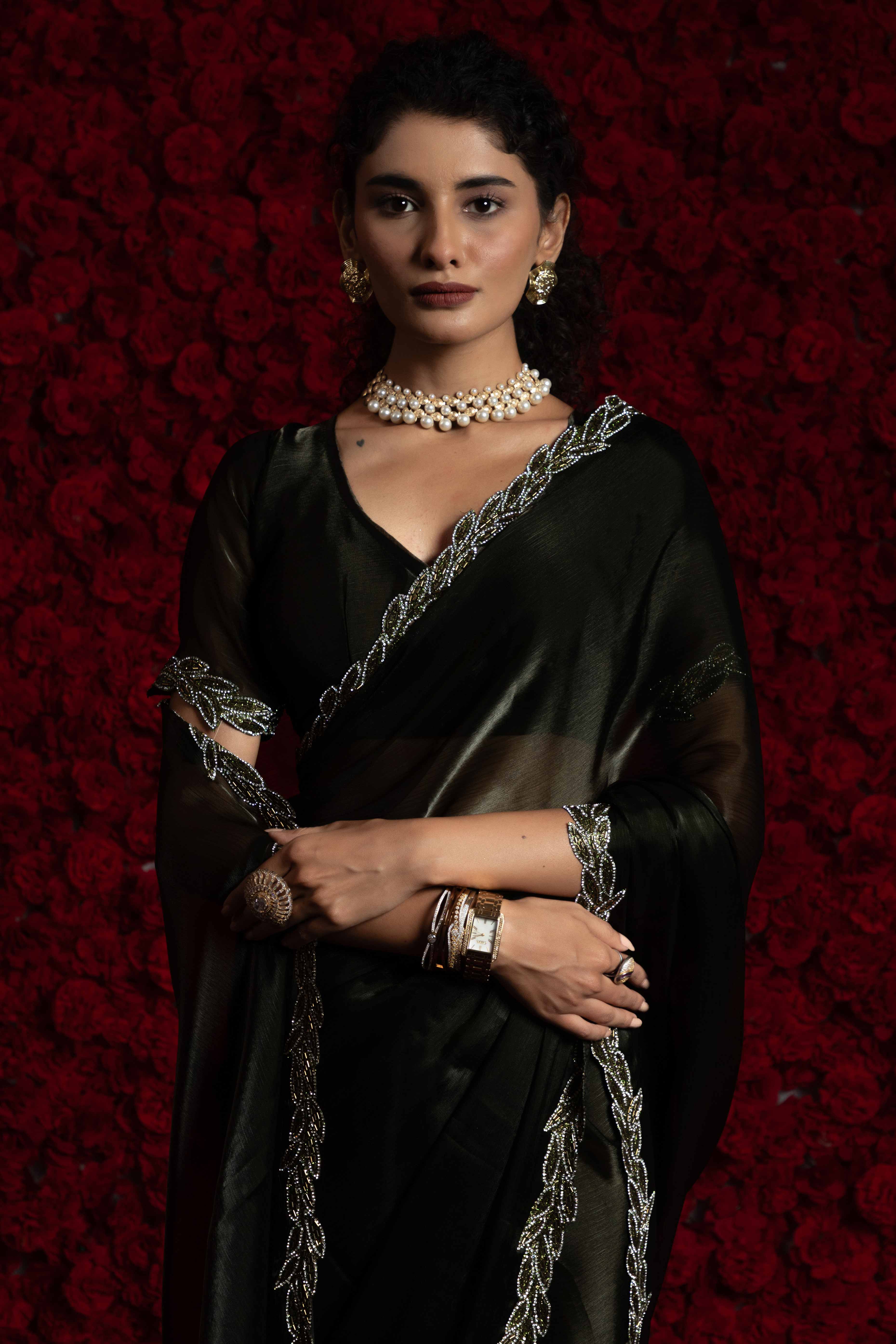 Deep Dark Olive Solid Tissue Chiffon Saree Accented With Elegant Zarkan Work Border
