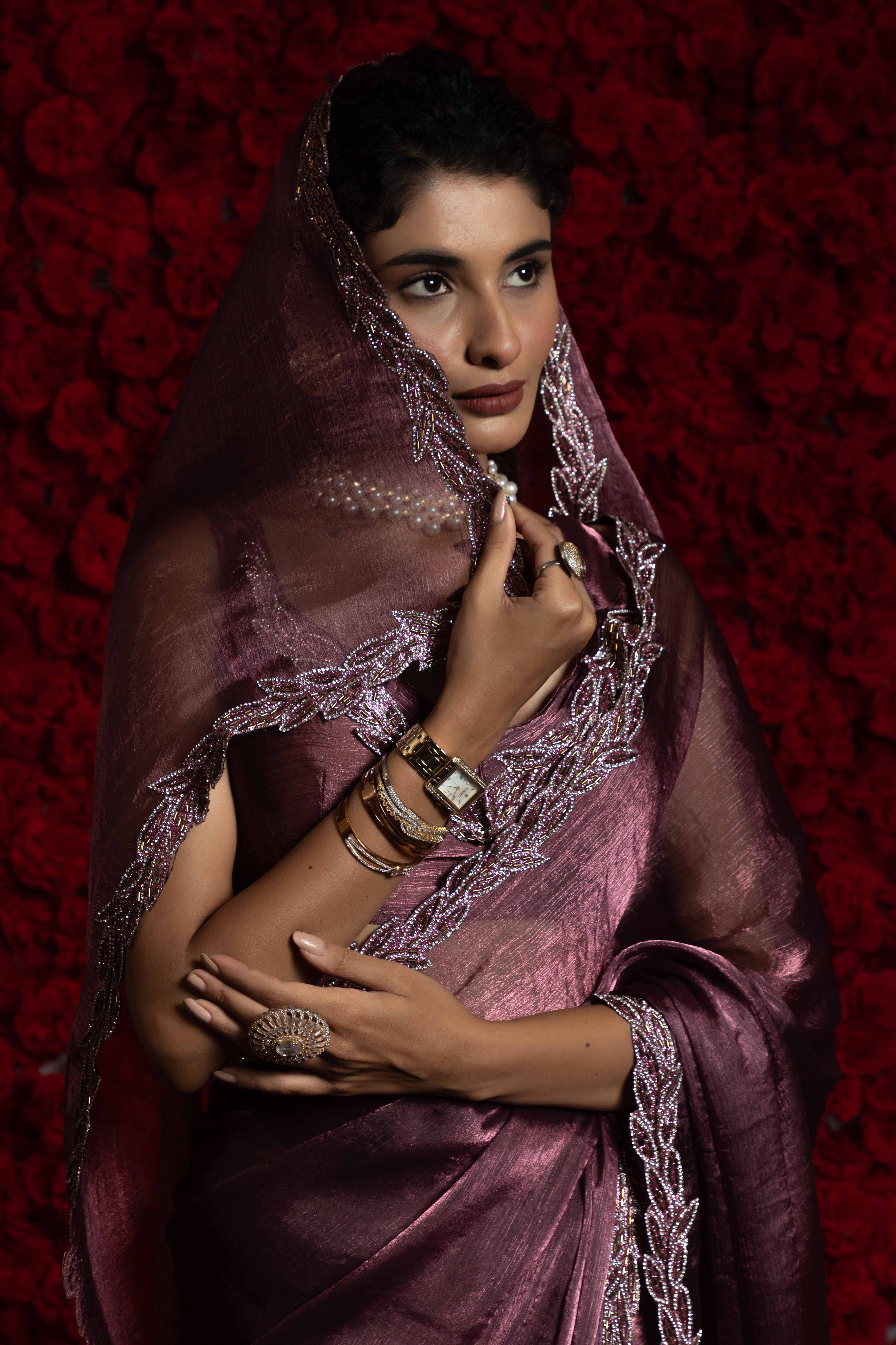 Deep Mauve Solid Tissue Chiffon Saree Accented With Elegant Zarkan Work Border