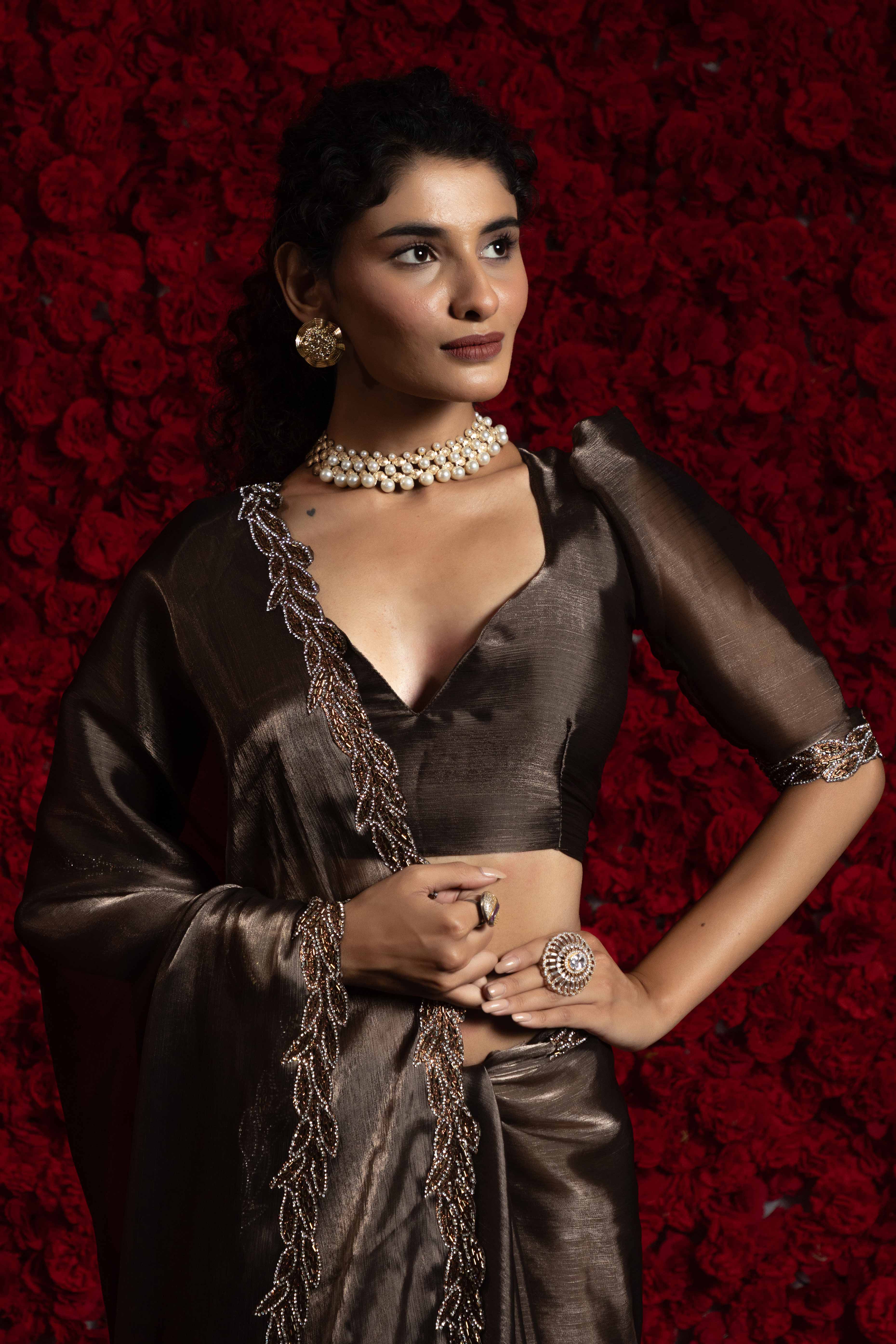 Dark Brown Solid Tissue Chiffon Saree Accented With Elegant Zarkan Work Border