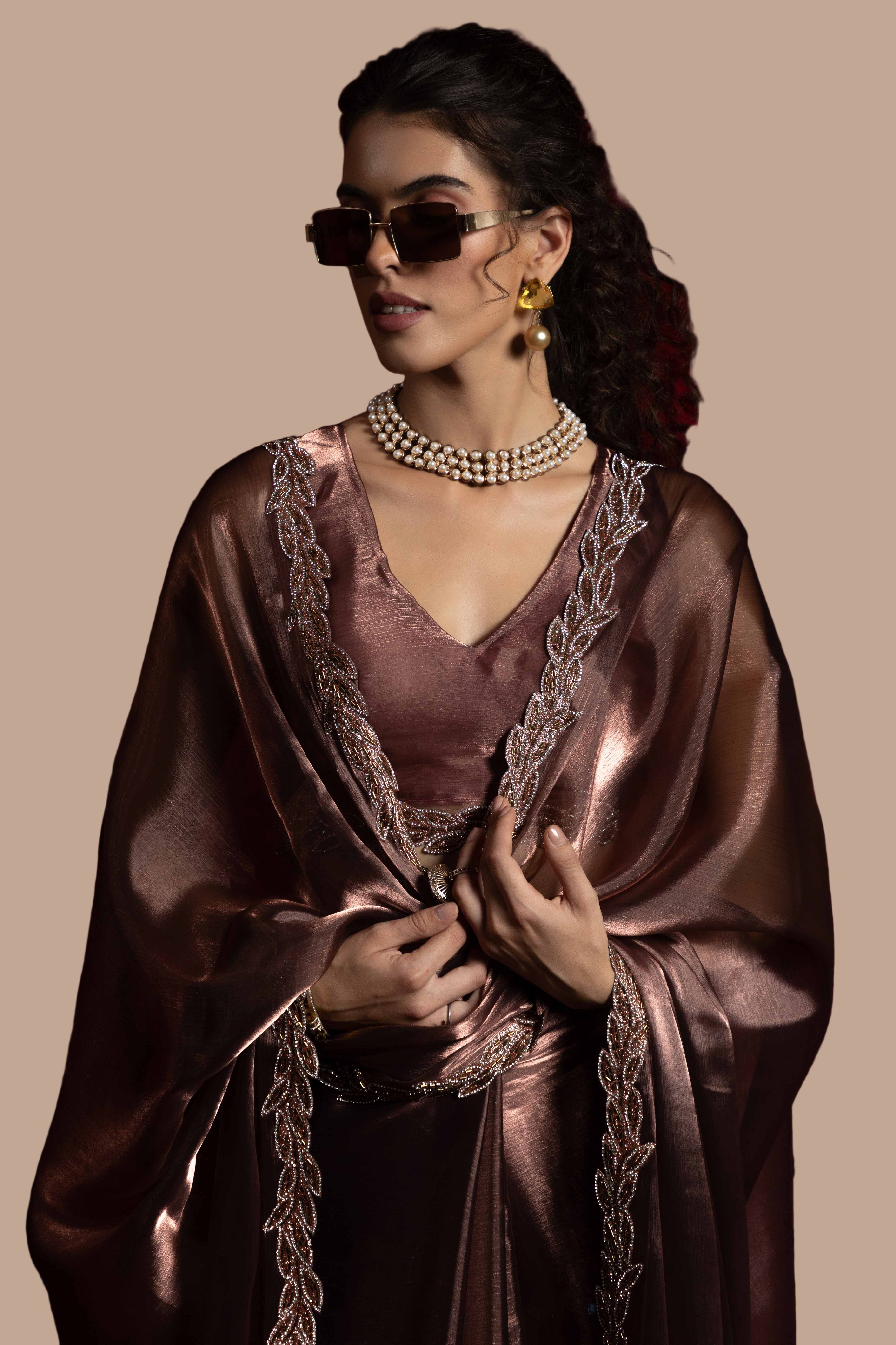 Dusty Rose Brown Solid Tissue Chiffon Saree Accented With Elegant Zarkan Work Border