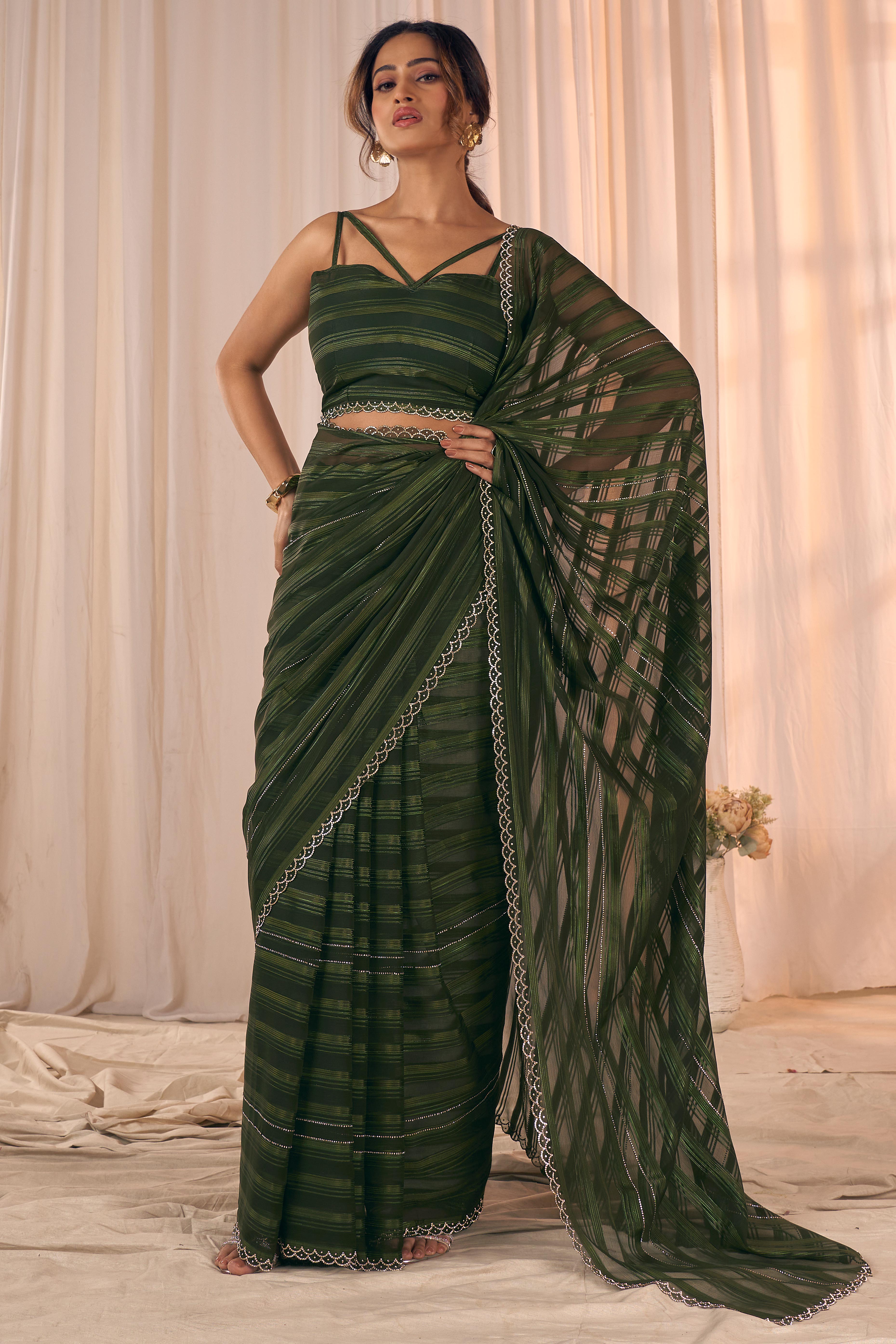 Dark Olive Striped Designer Georgette Saree Adorned With An Elegant Zarkan Cutwork Border
