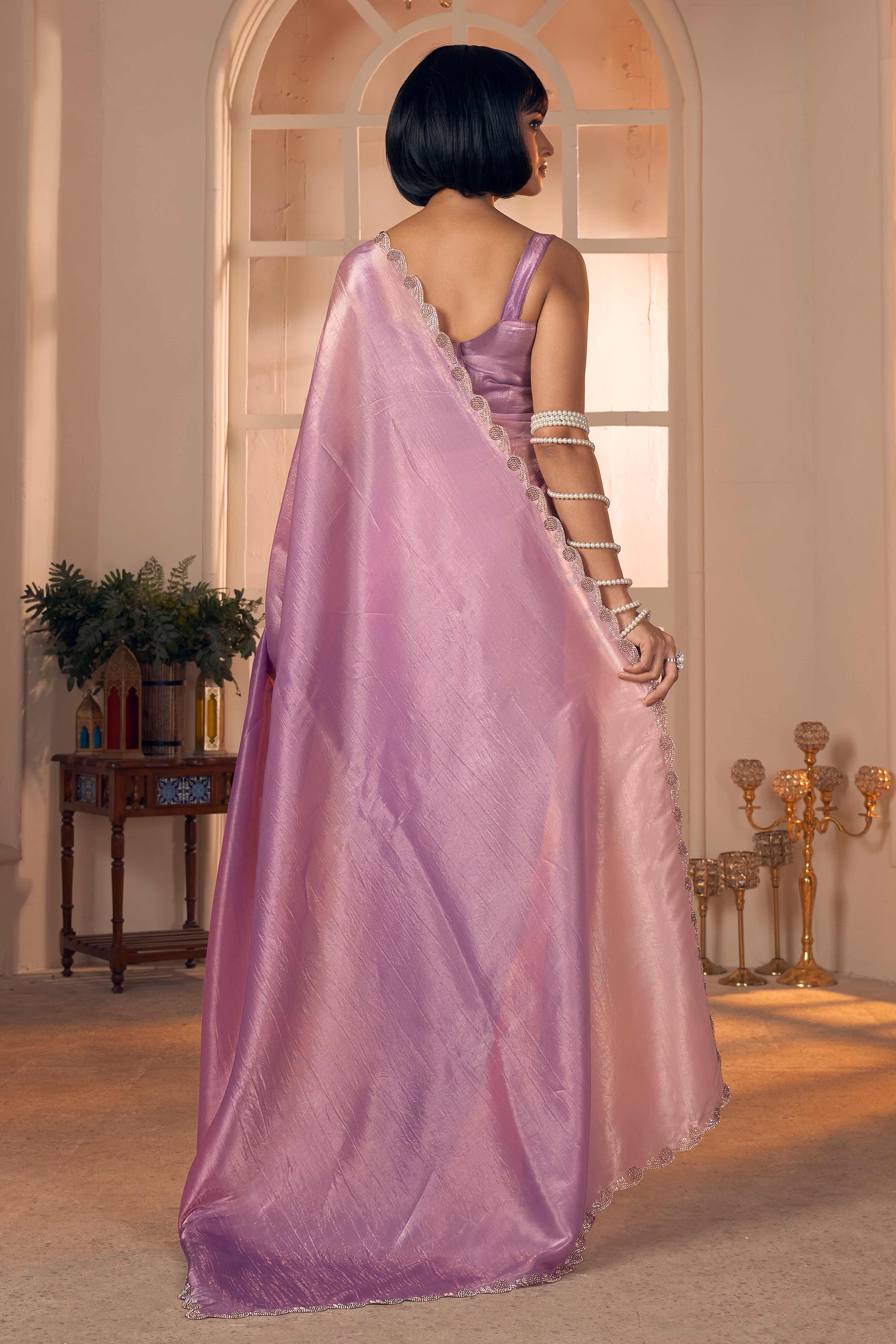 Elegant Lavender Pure Silk Saree Enhanced With Premium Zarkan Cutwork Embellishment