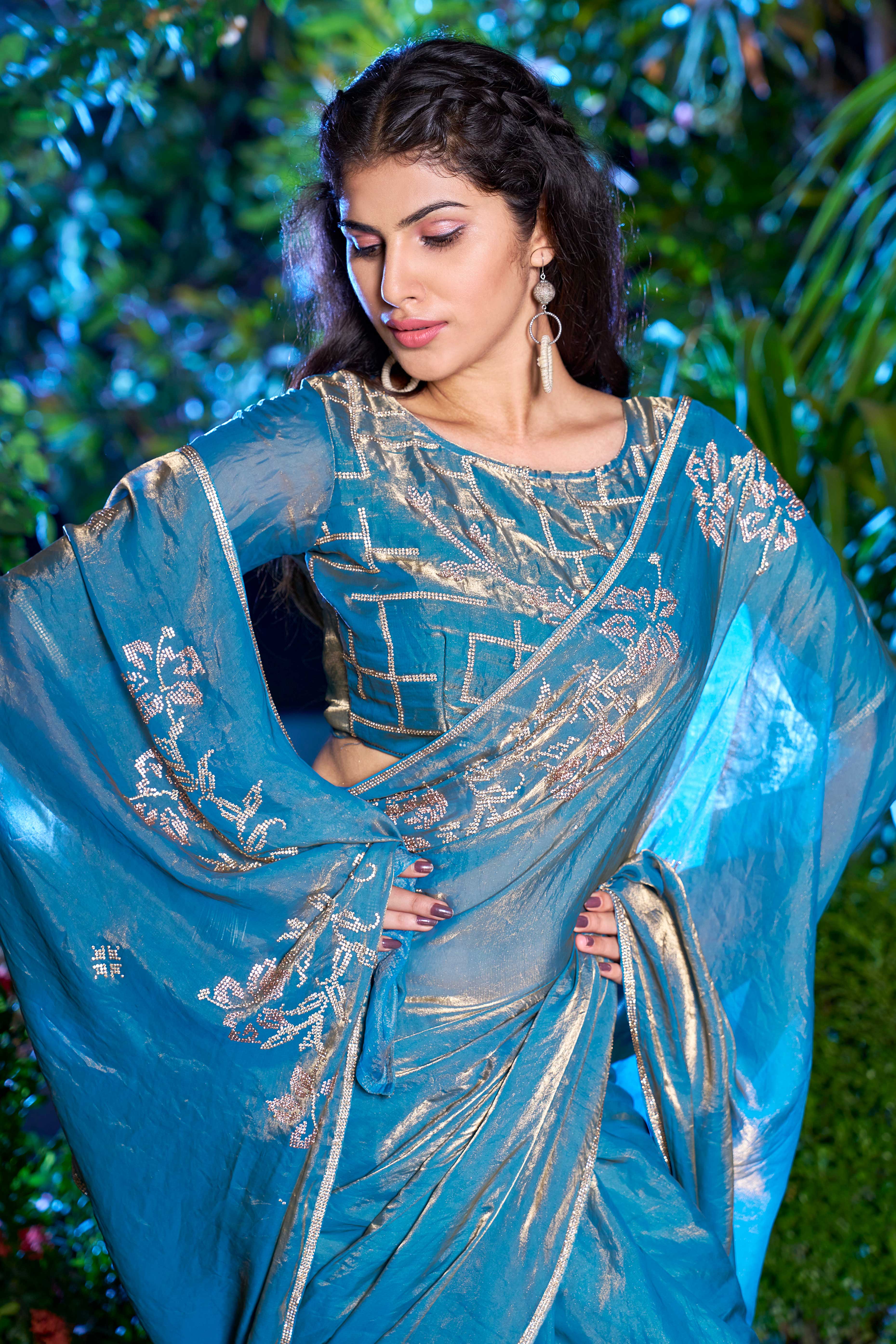Luxury Satin Saree in Sky Blue with Swarovski Embellishments