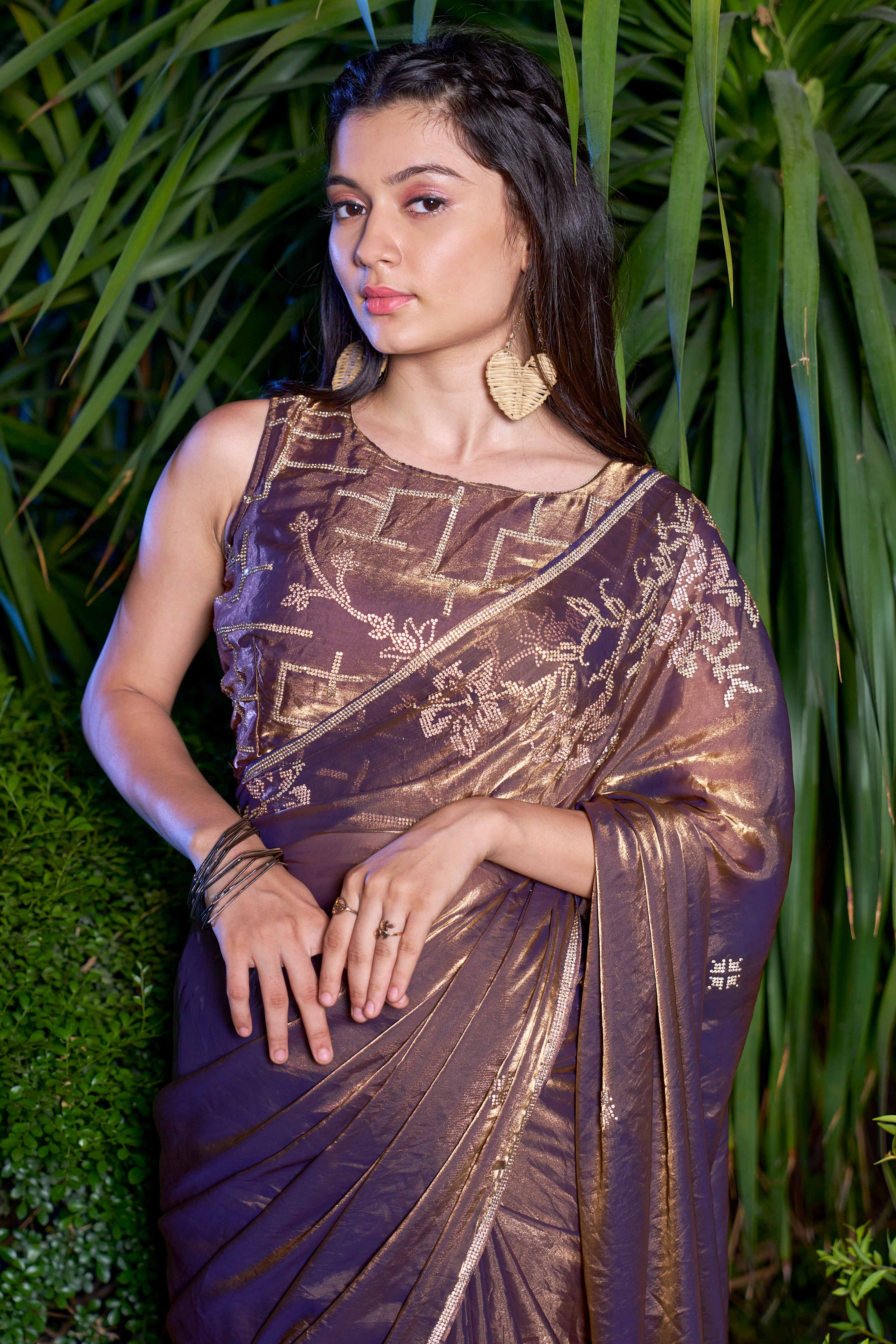 Luxury Satin Saree in Coffee Brown with Swarovski Embellishments
