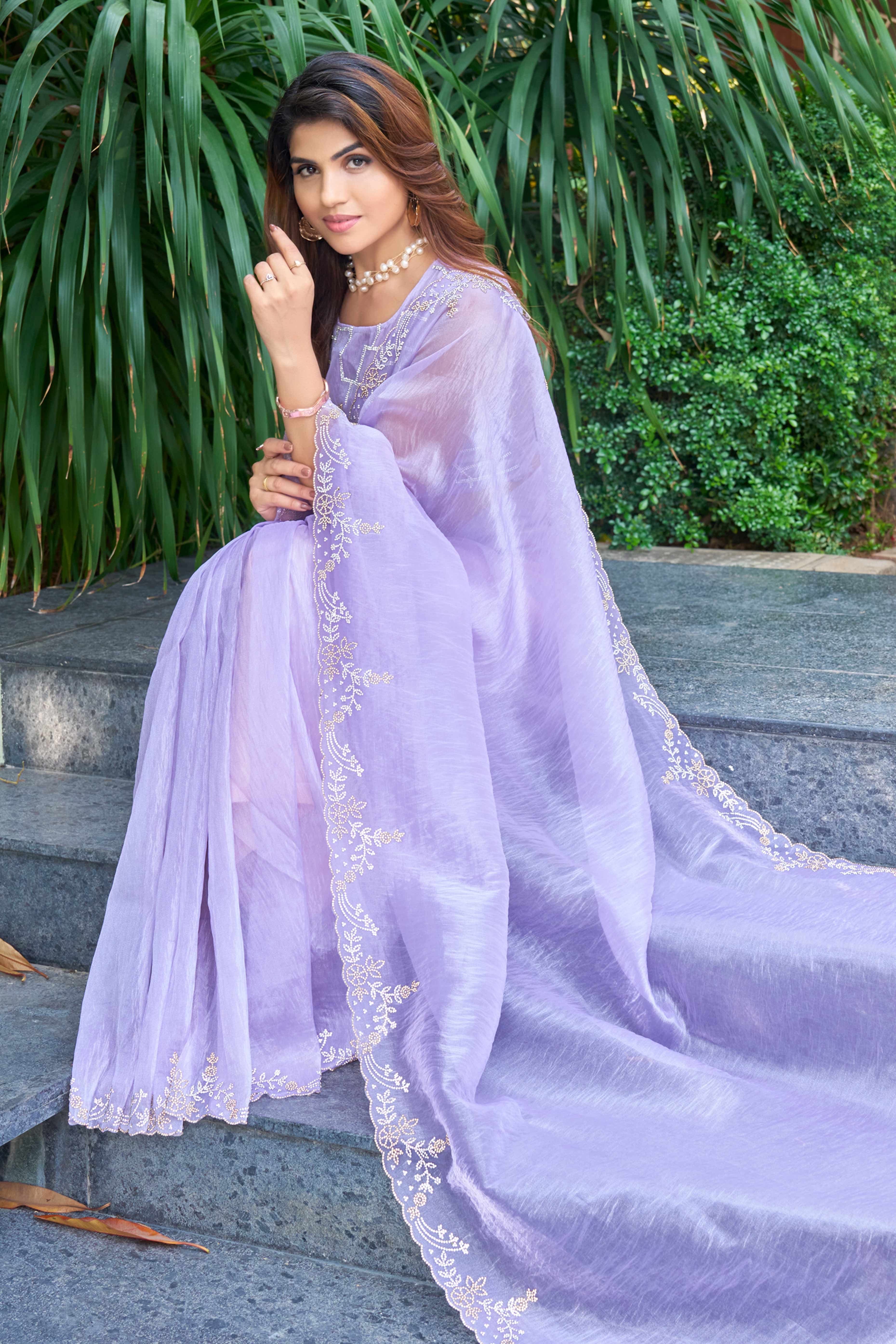 Lavender Ethereal Organza Saree Adorned with Crystal Embellishments