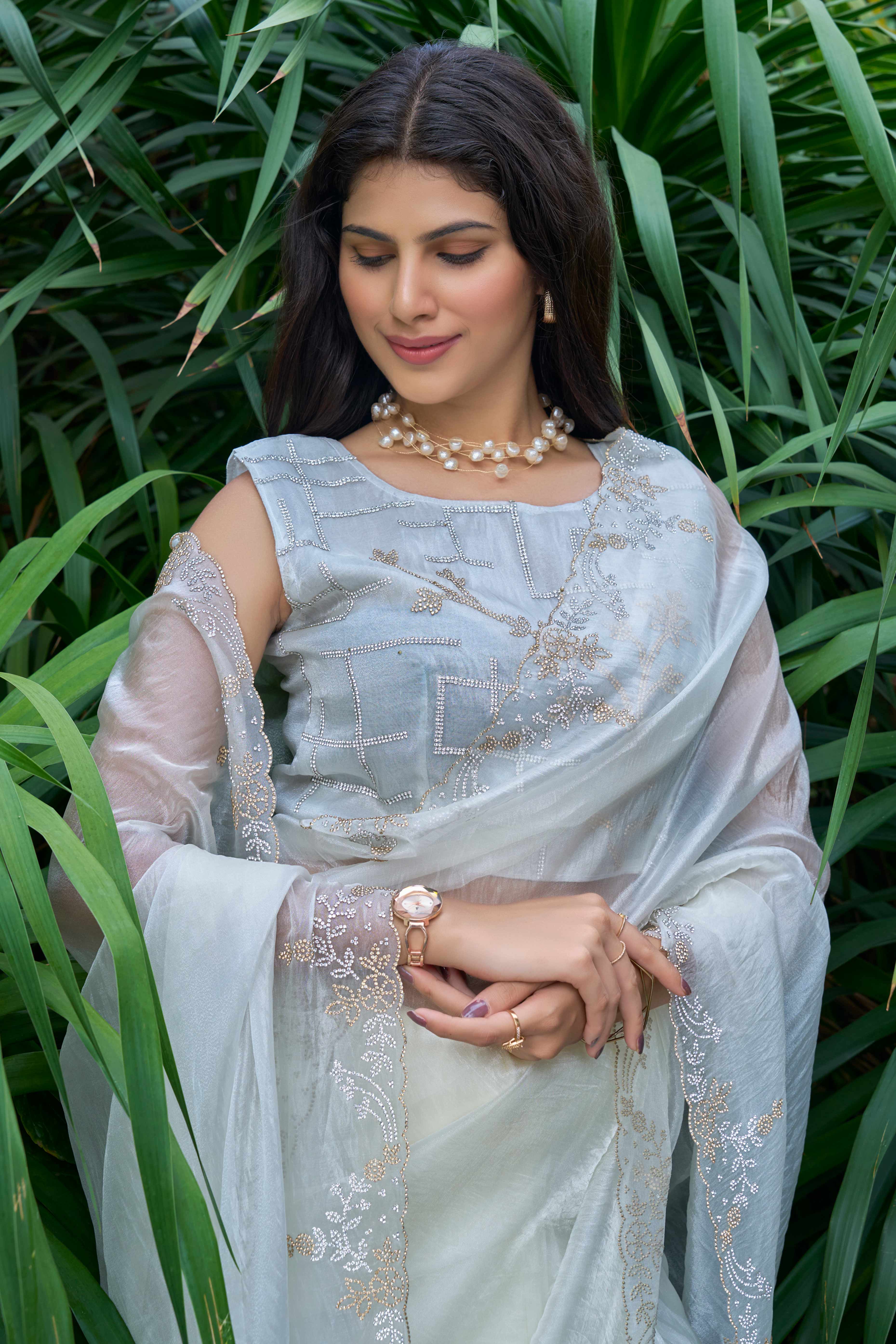 Off White Ethereal Organza Saree Adorned with Crystal Embellishments