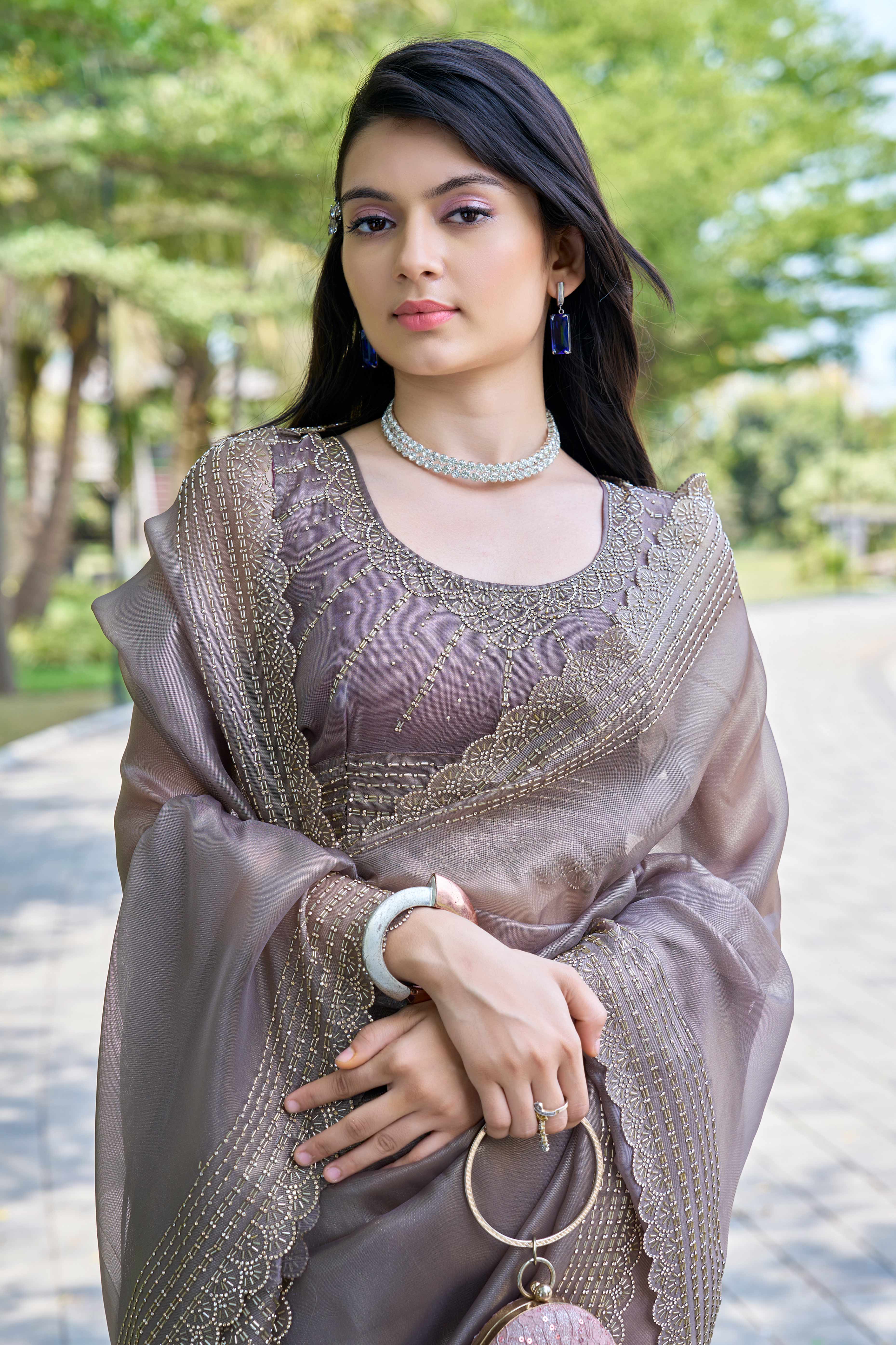 Grey Soft Organza Saree with Stone Embellishments Work