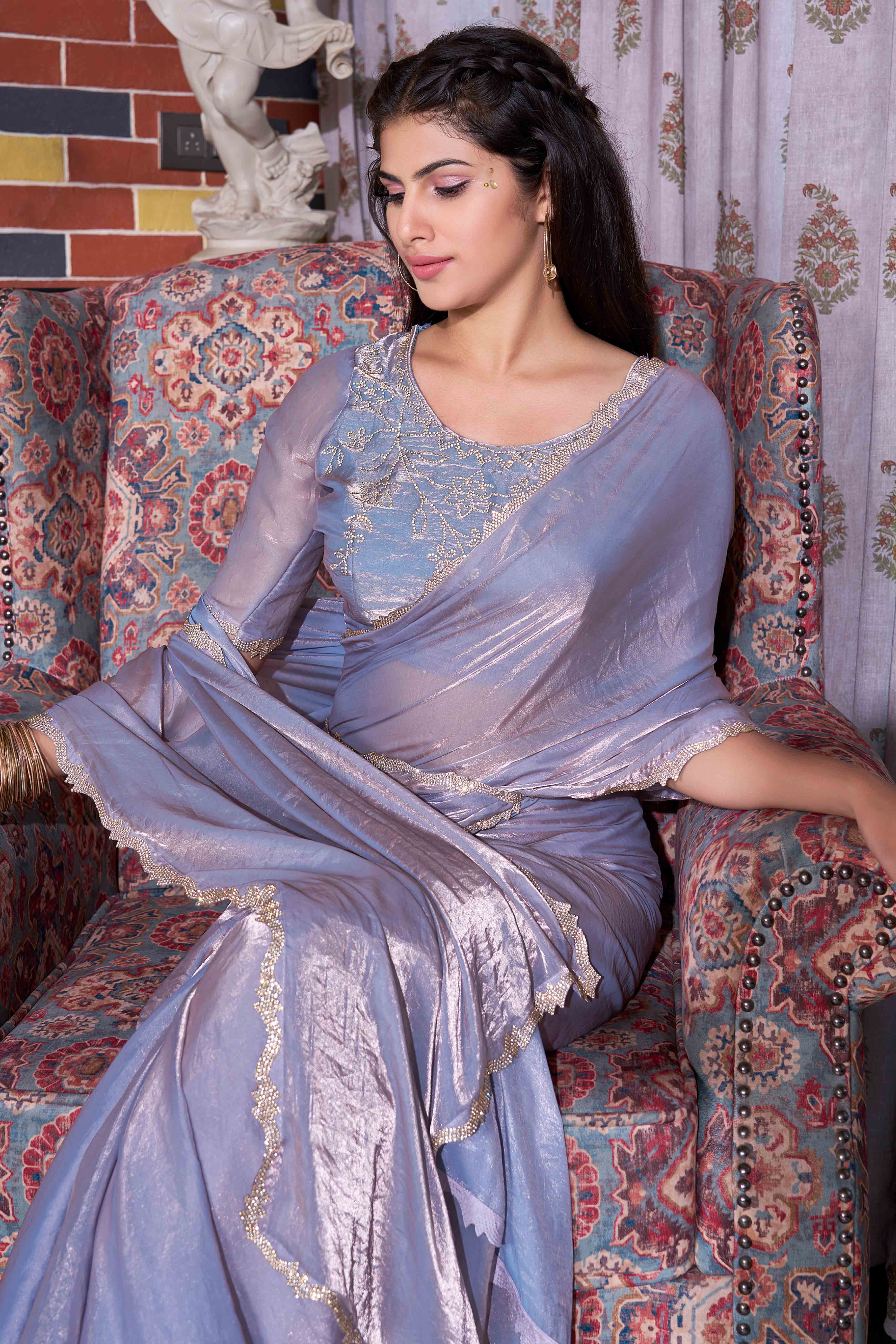 Bluish Grey Satin Saree with Exquisite Stone Embellishments