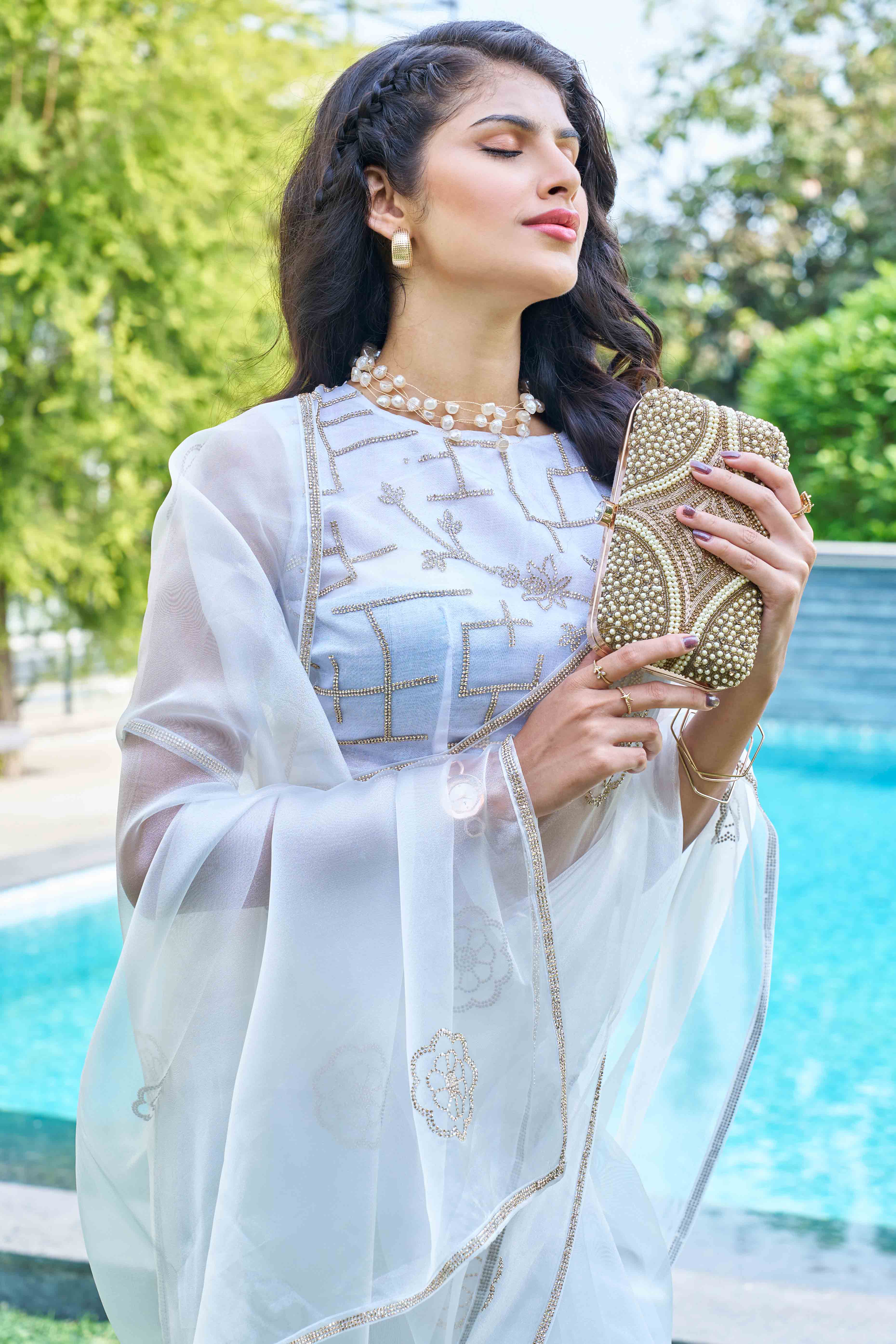 Light Blue Stone Work Embroidered Organza Saree