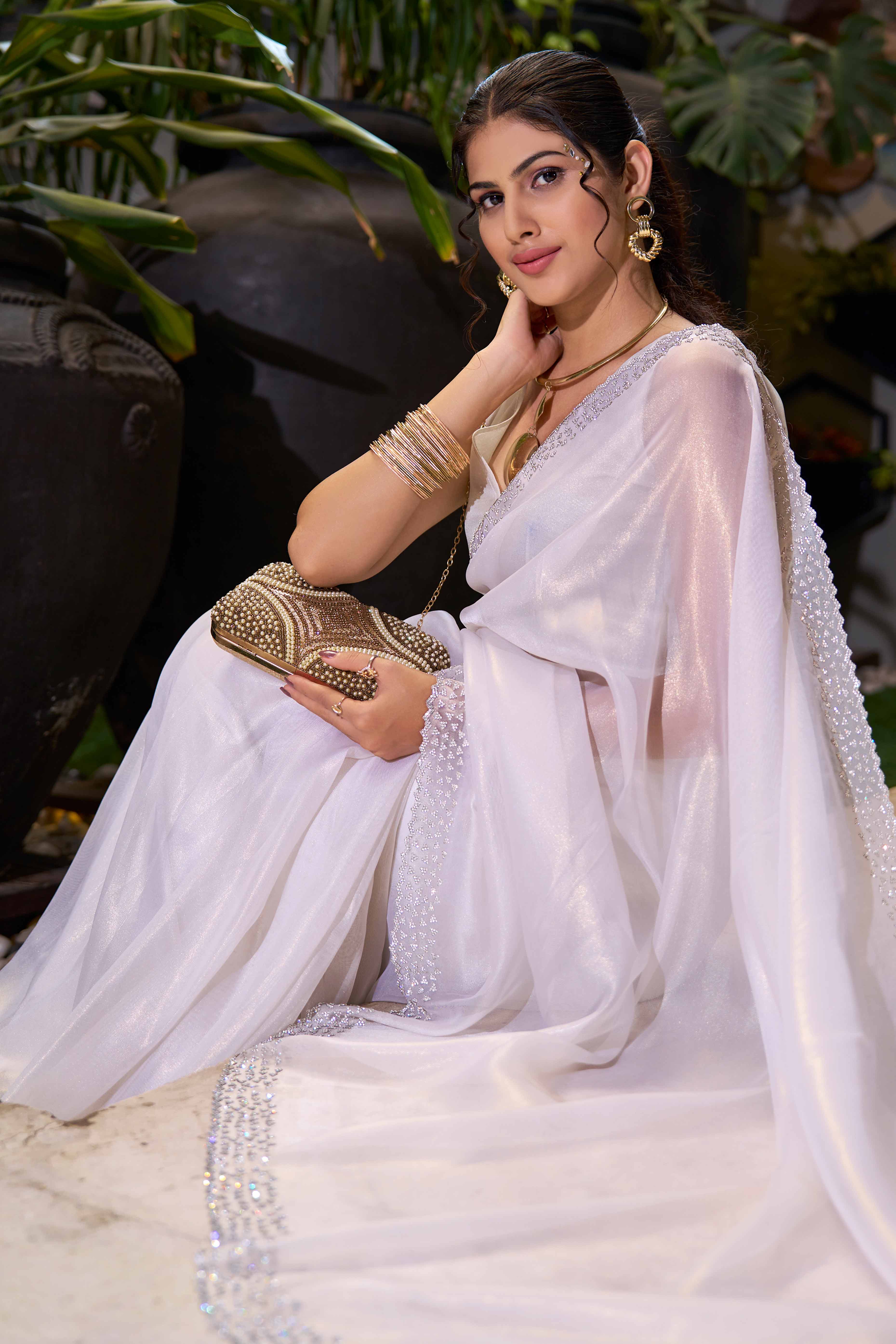 White Solid With Zarkan Work Organza Saree