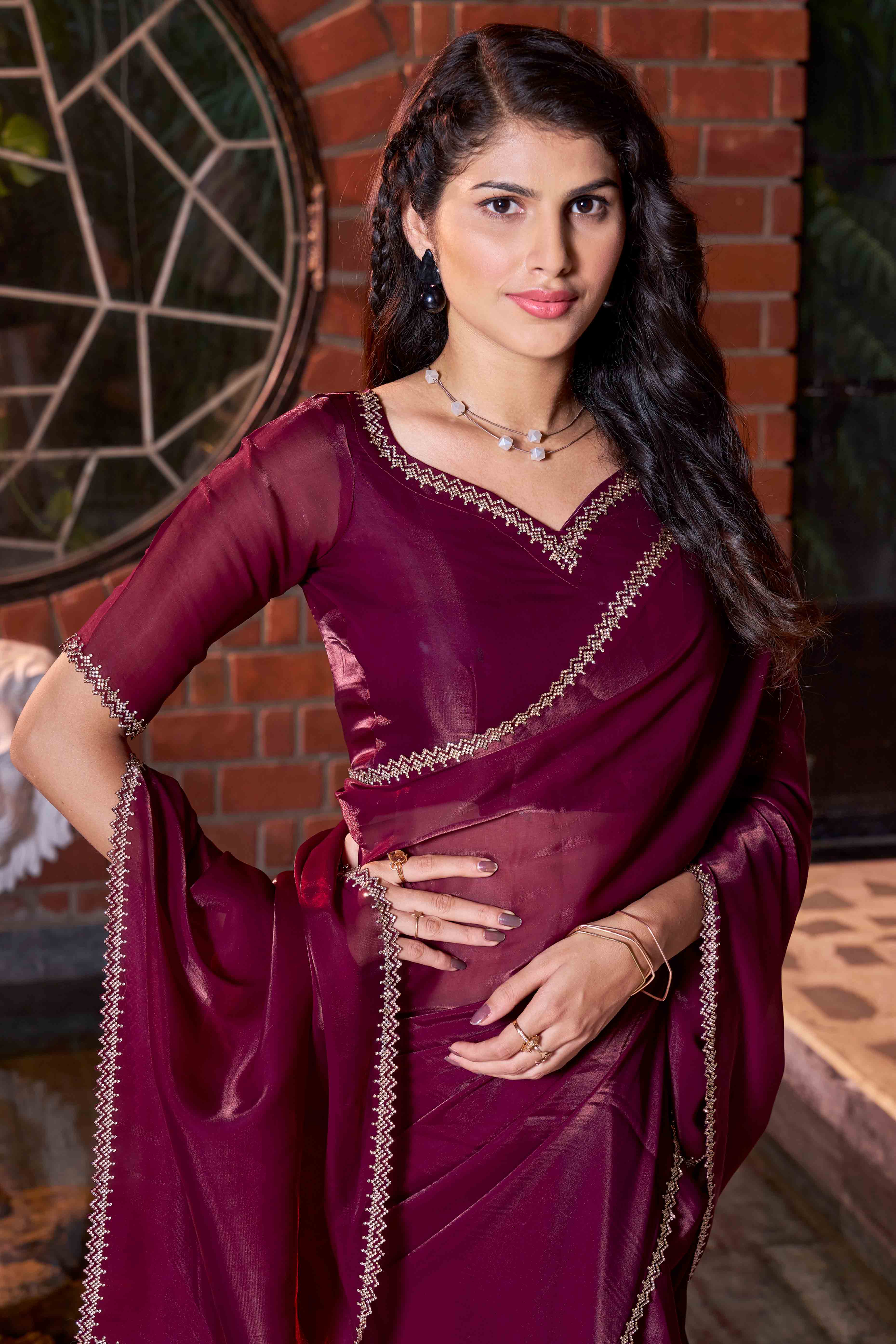 Wine Swarovski Work Embroidered Satin Silk Saree