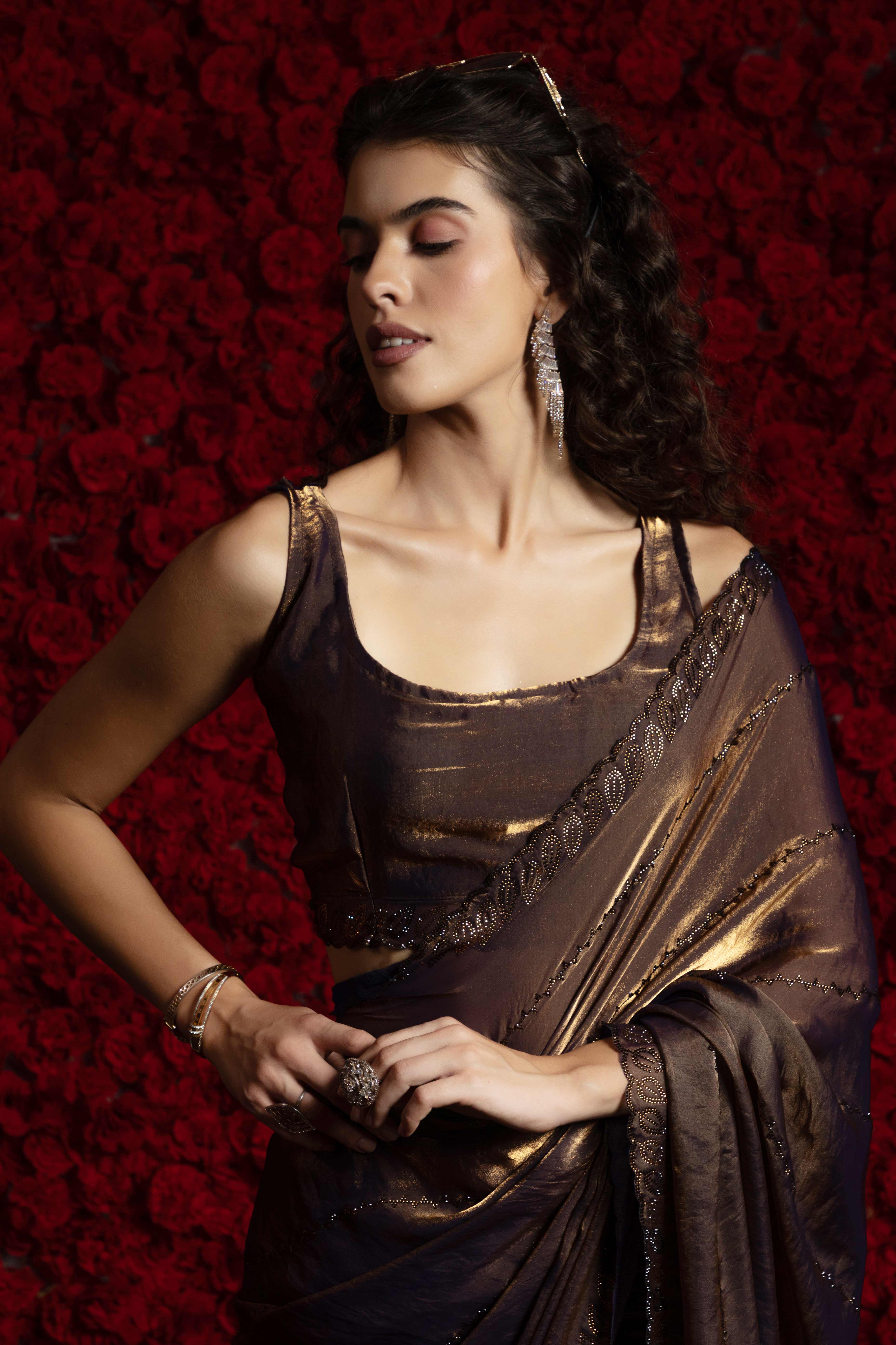 Coffee Brown Satin Silk Saree with Dazzling Stone Embellishments for Special Occasions