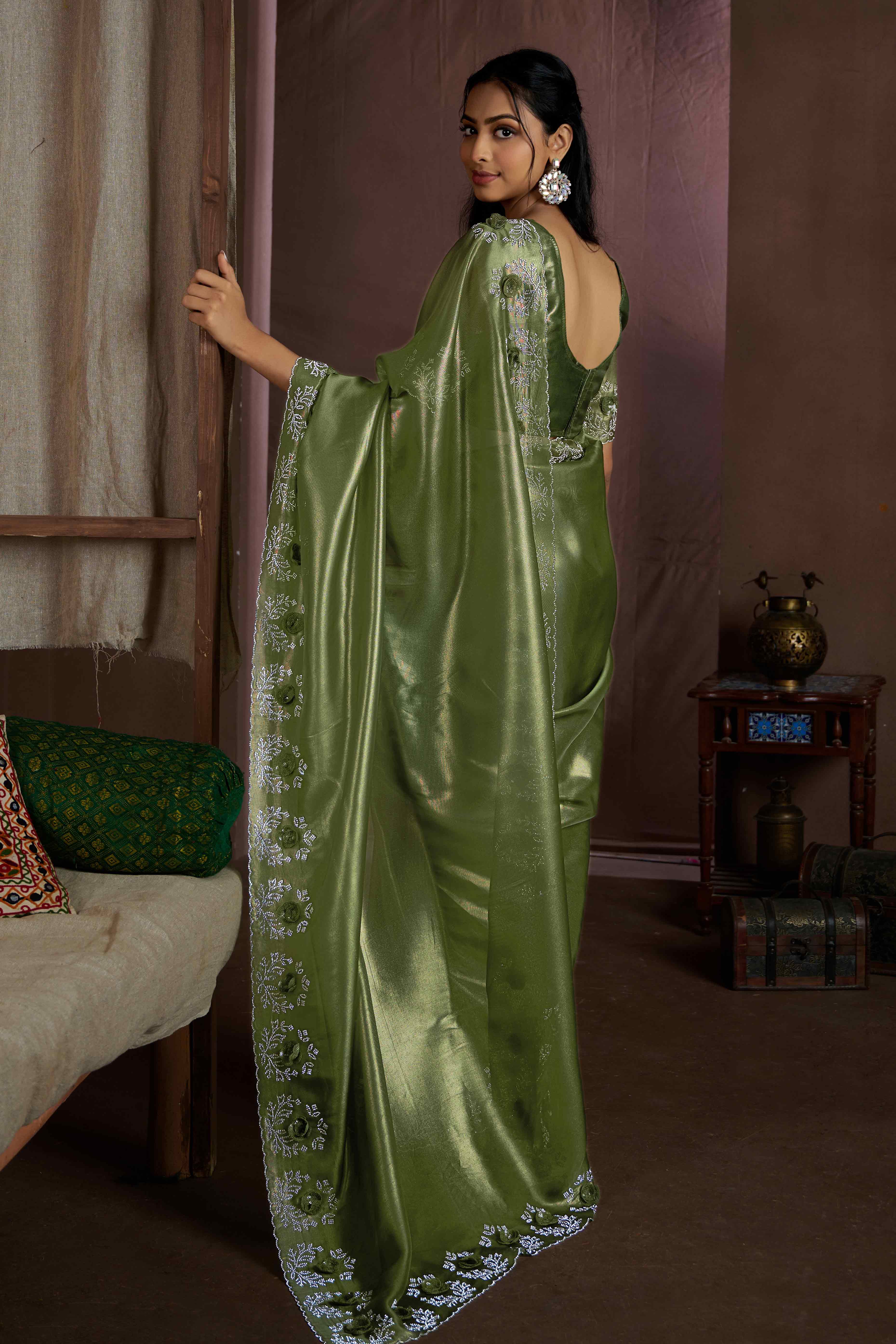 Green Floral Sequins With Zarkan Work Organza Saree