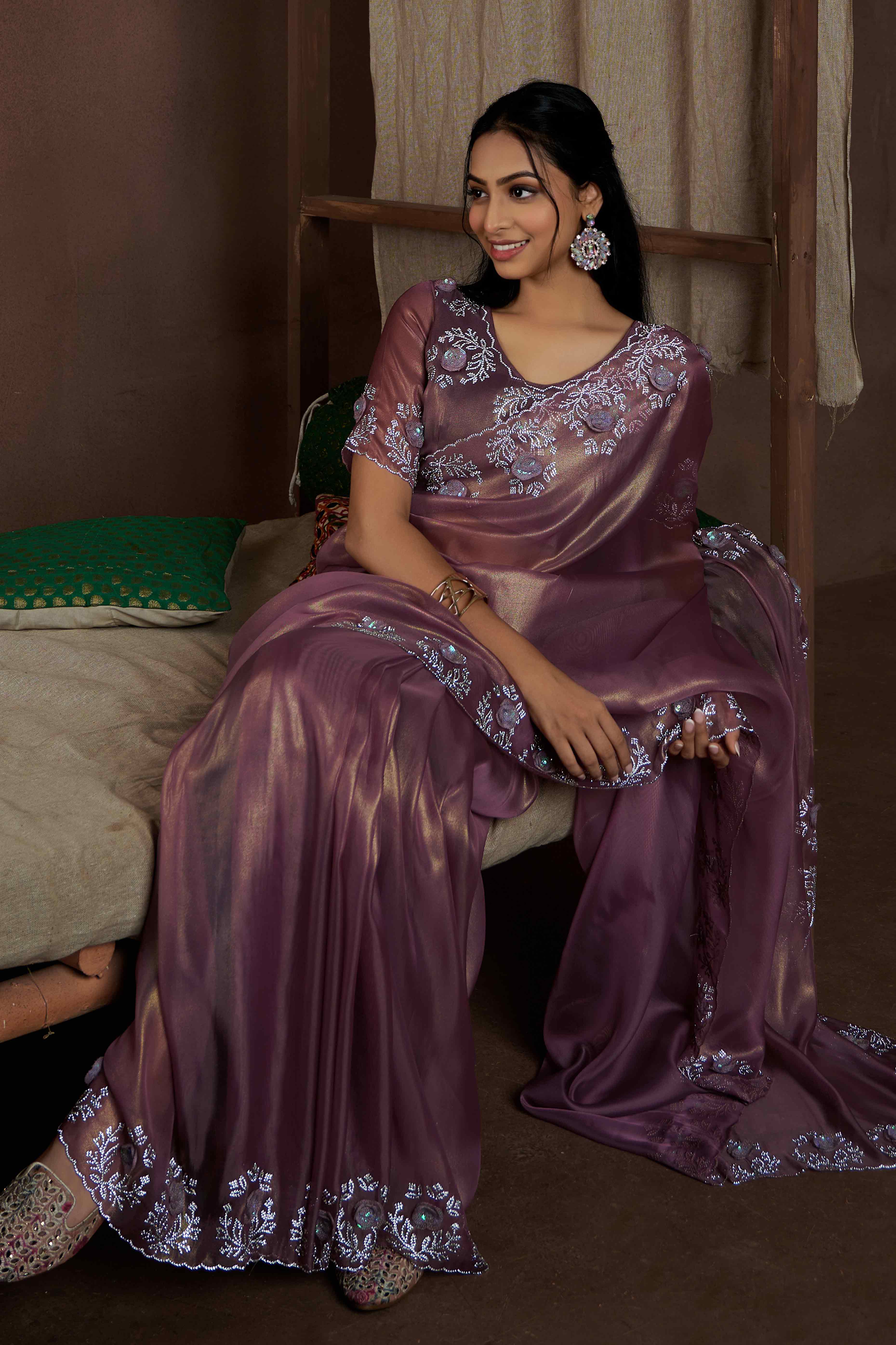 Wine Floral Sequins With Zarkan Work Organza Saree