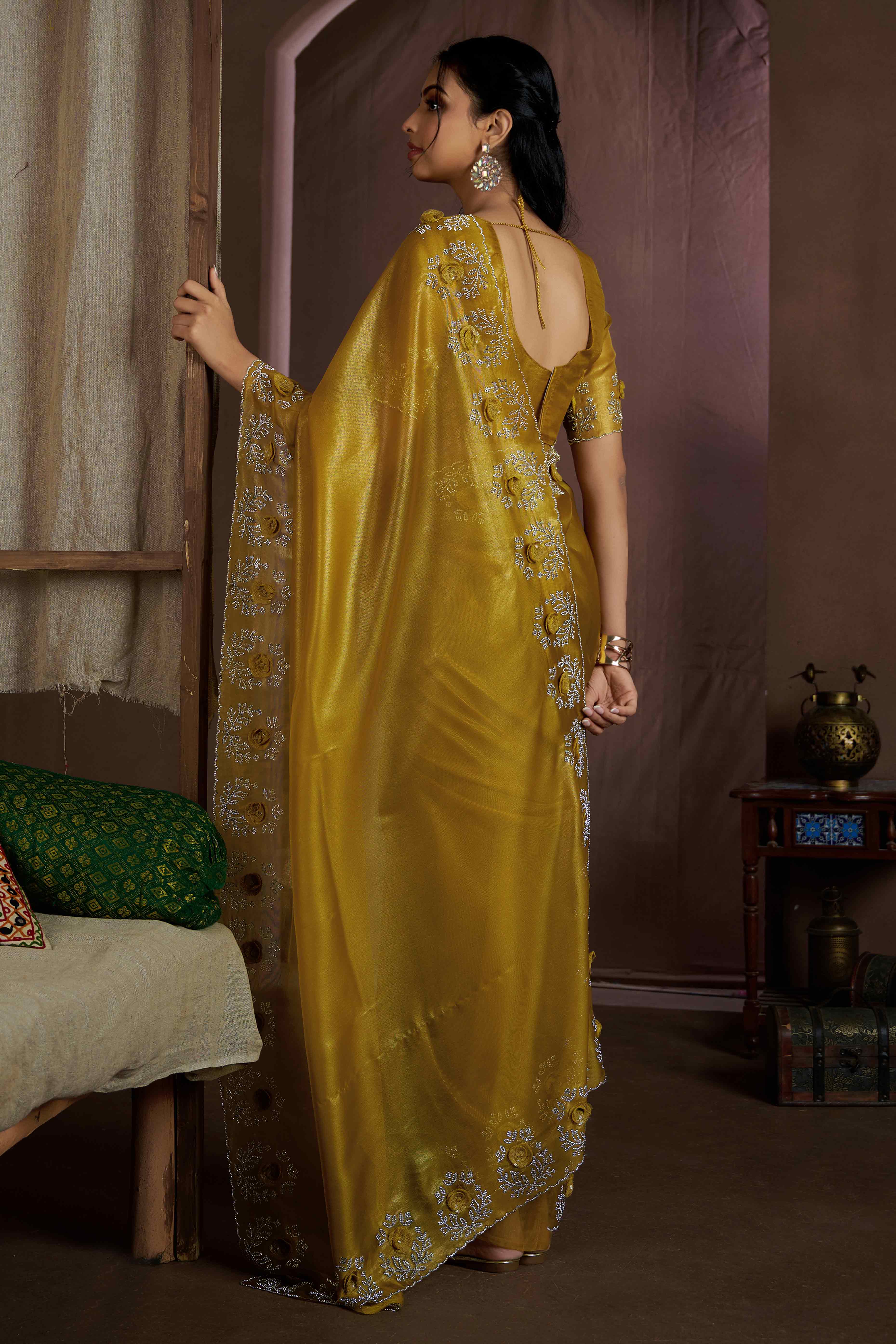 Mustard Floral Sequins With Zarkan Work Organza Saree