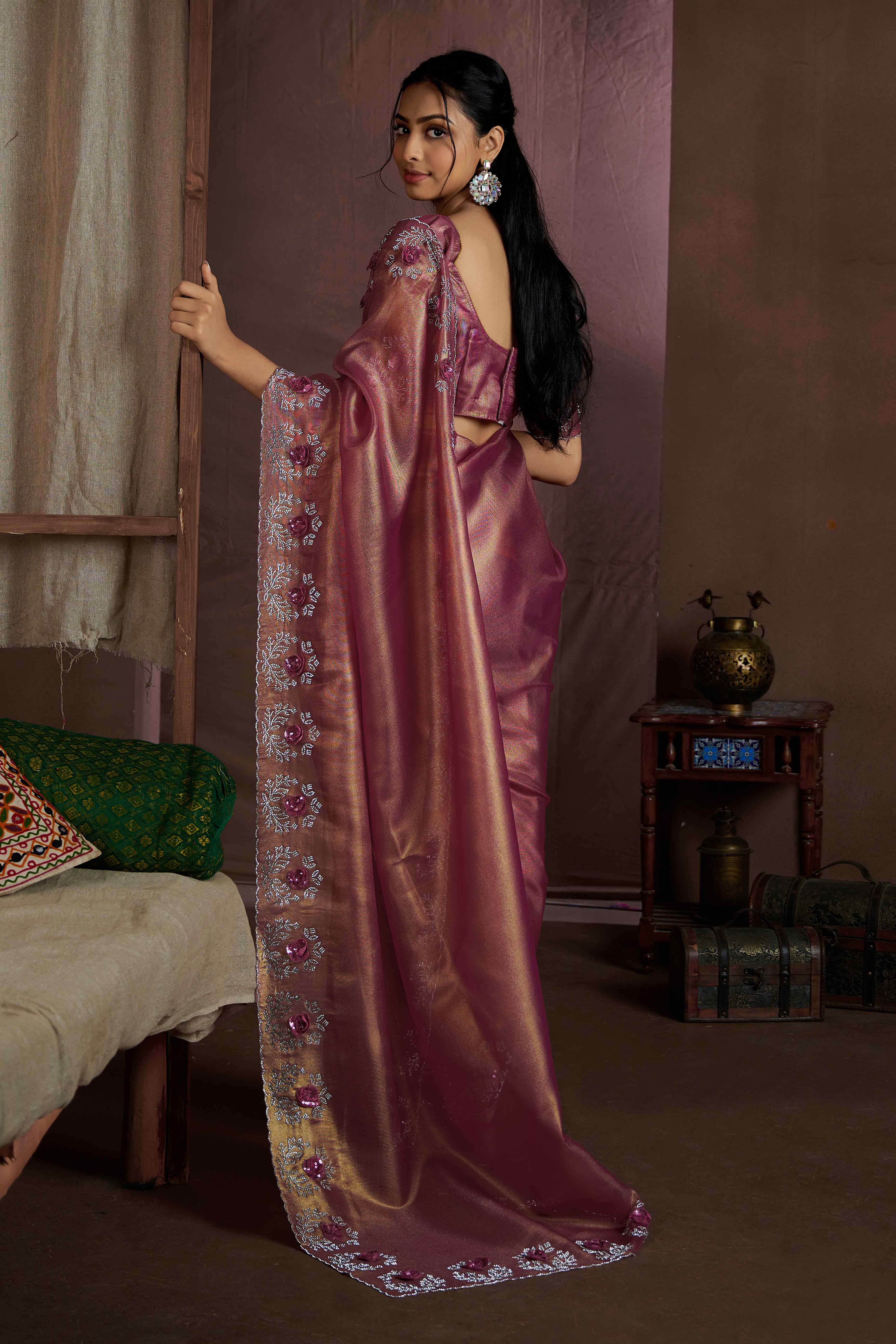 Onion Pink Floral Sequins With Zarkan Work Organza Saree