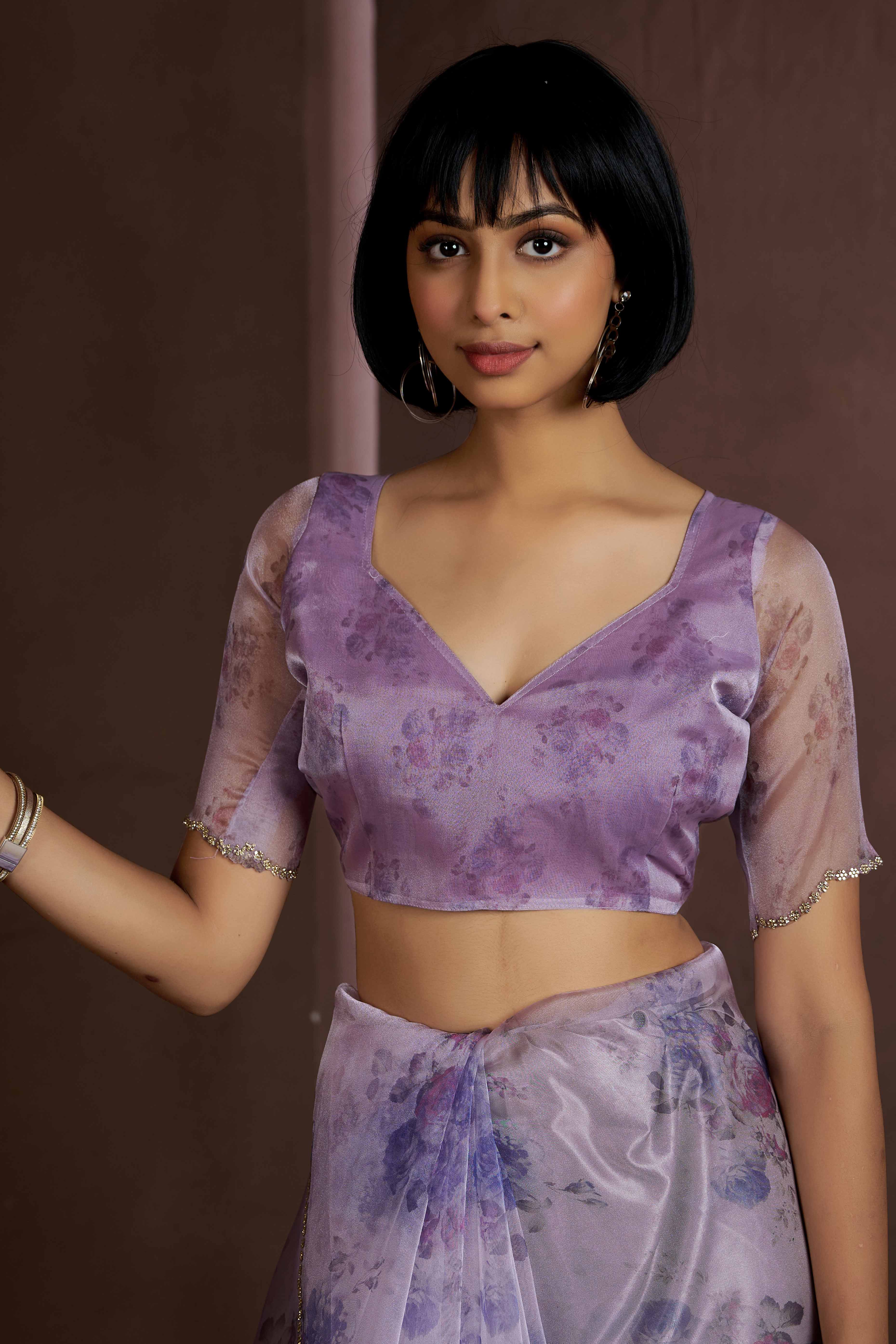 Purple Floral Printed Soft Organza Saree With Stone Work Border