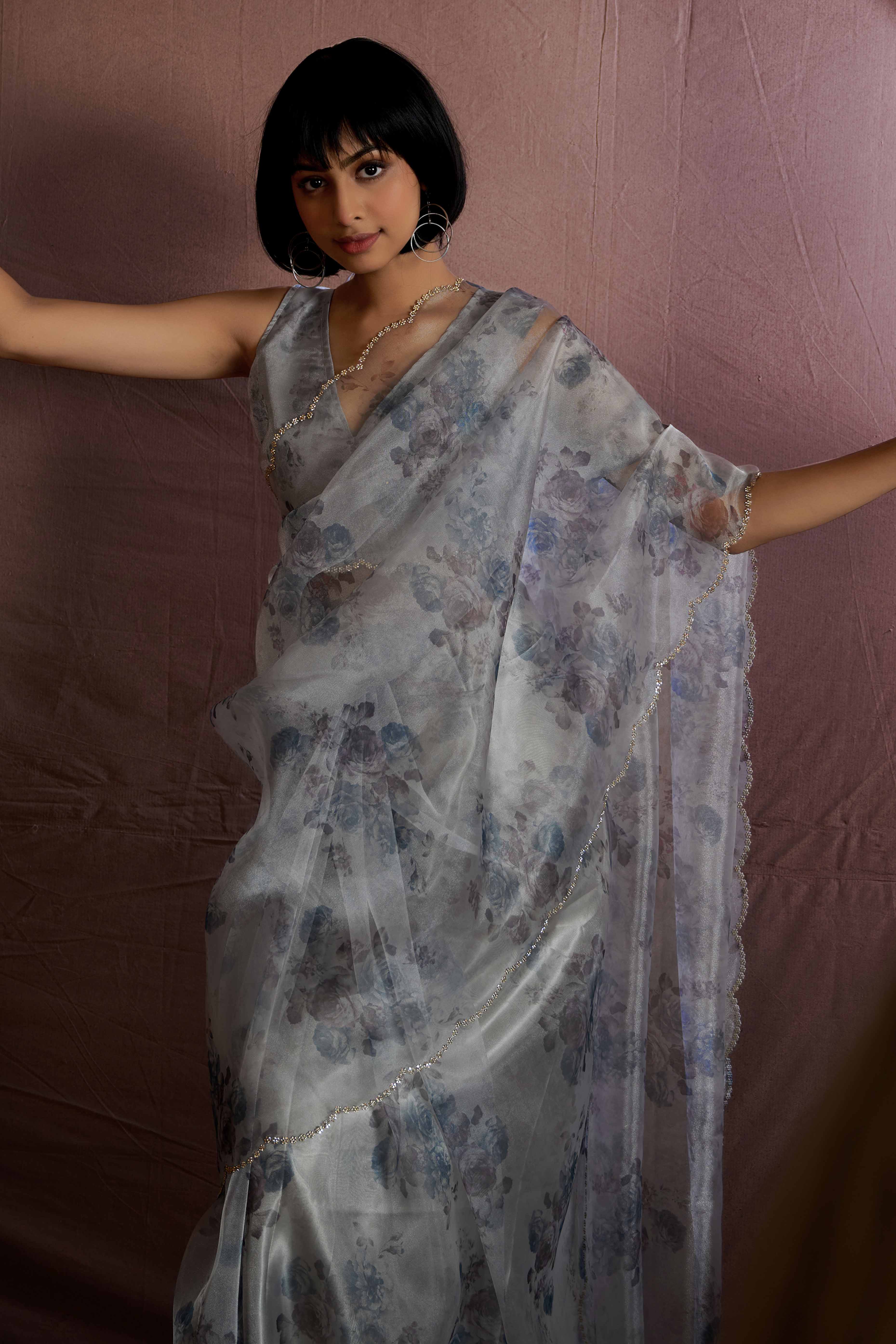 Grey Floral Printed Soft Organza Saree With Stone Work Border