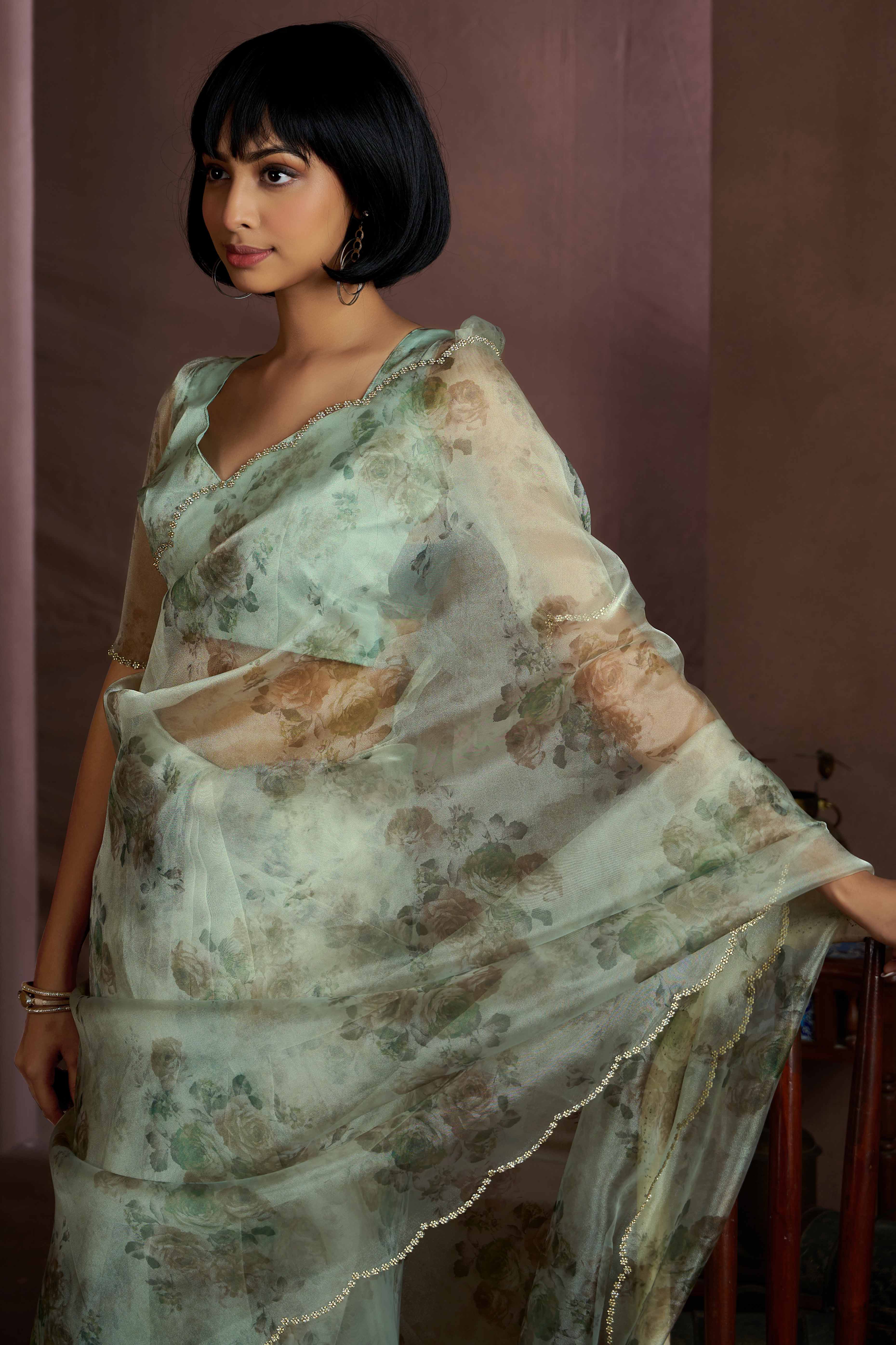 Sea Green Floral Printed Soft Organza Saree With Stone Work Border