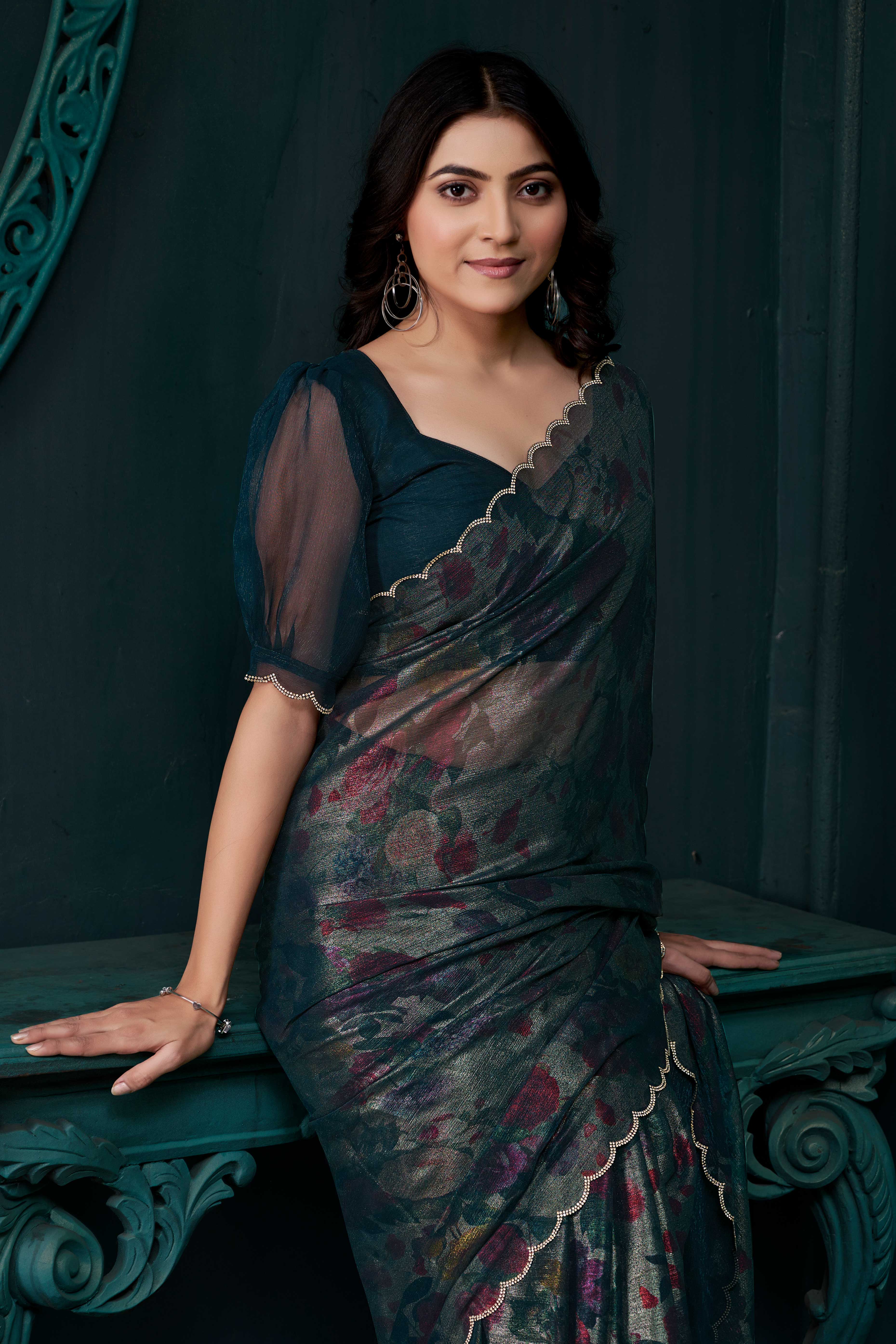 Teal Partywear Saree in Smooth Chiffon Silk with Contemporary Floral Prints