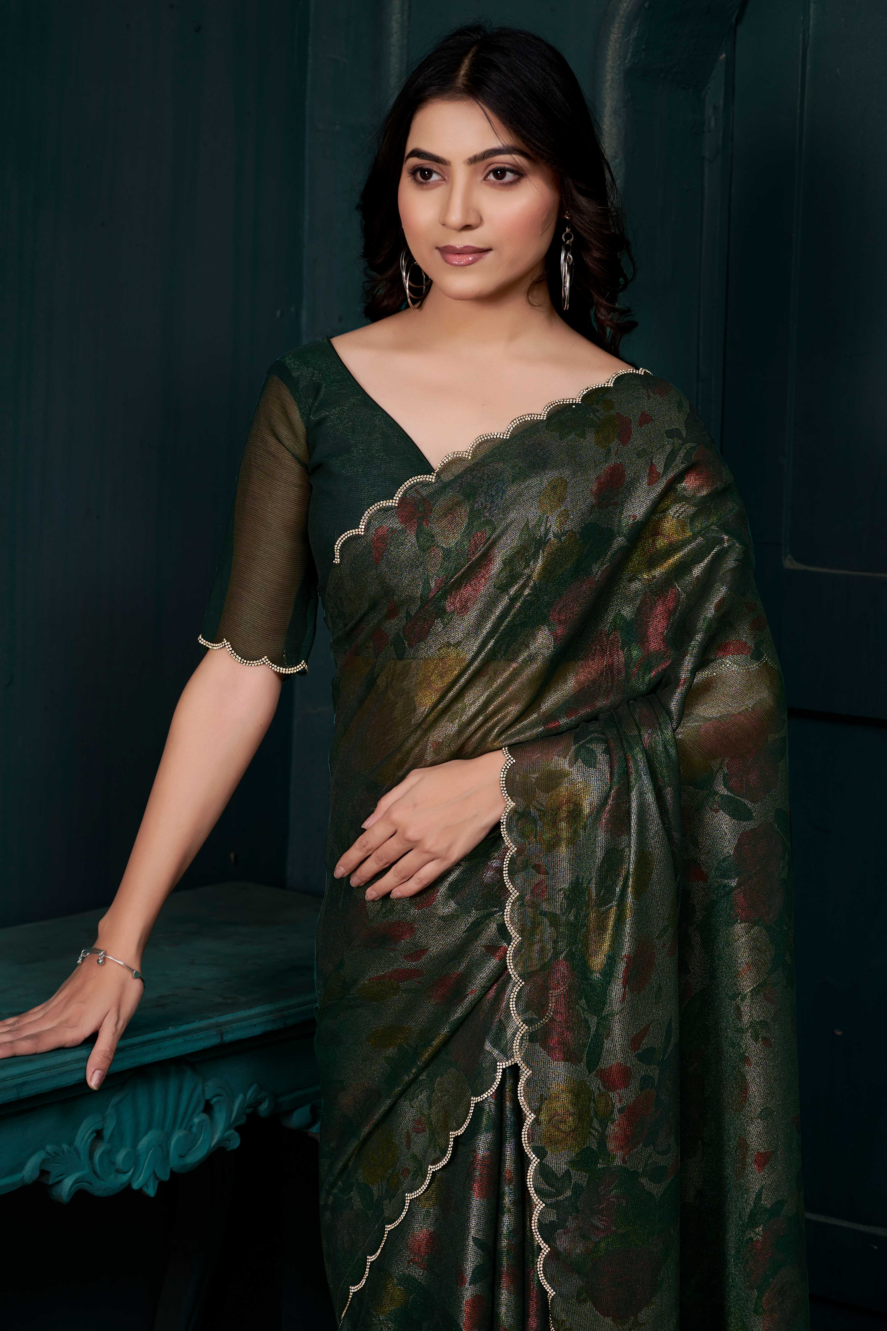 Bottle Green Partywear Saree in Smooth Chiffon Silk with Contemporary Floral Prints