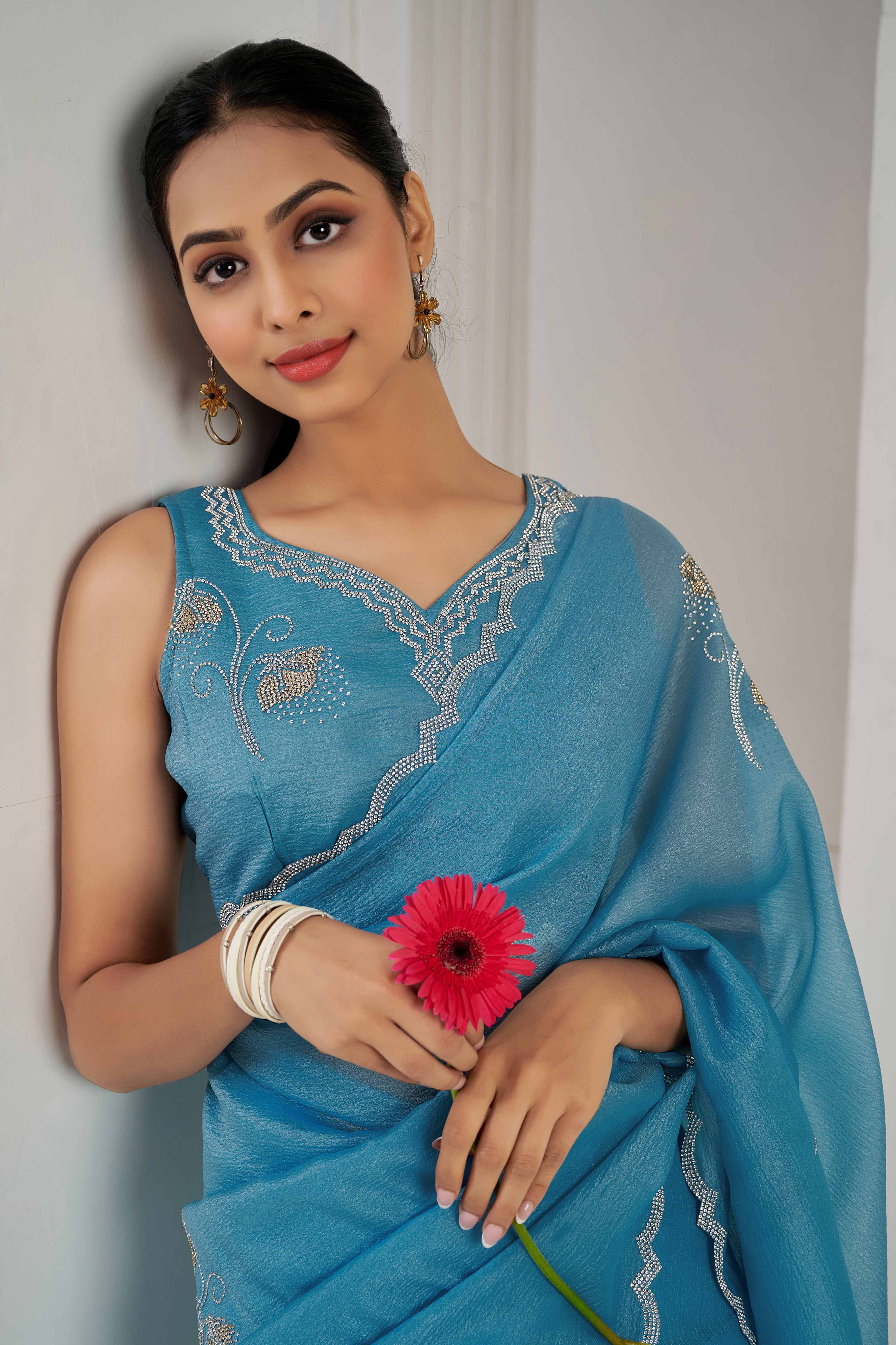 Sky Blue Stone Work Embroidered Crepe Silk Saree